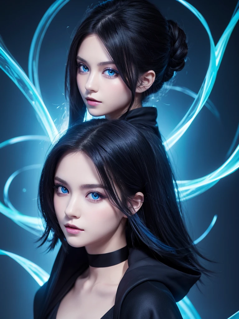 25-year-old girl、Rune background、black magician、Wearing a black robe、mesmerize、cute woman、Elegant hairstyle、indigo hair color、Slightly shorter hair、blue eyes、look at the viewer、masterpiece、Best image、