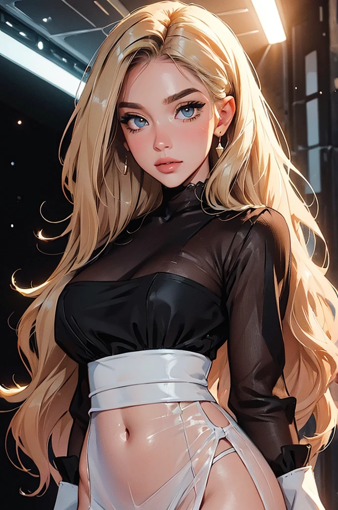 ((((masterpiece, best quality, high resolution)))), Extremely detailed 8K, Beautiful girl with slender body, e-girl, (Ultra HD, Ultra-detailed, full body, Highly detailed, Highly realistic, Ultra-realistic, photograph realistic), (1girl:1.5), (Realistic blonde hair with dark roots), wavy hair, boho bob cut,(dark makeup, pink eyeshadow), facing at camera, light smile, (white and gold outfit, sheer see through clothes, wet skin). (space cruise)