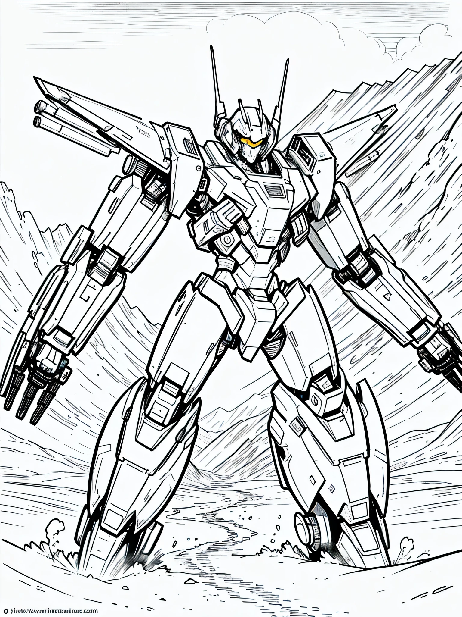 masterpiece, Best Quality, a mecha in the desert, closeup Line art, monochrome, clean lines, black and white, his summer, coloring book page,