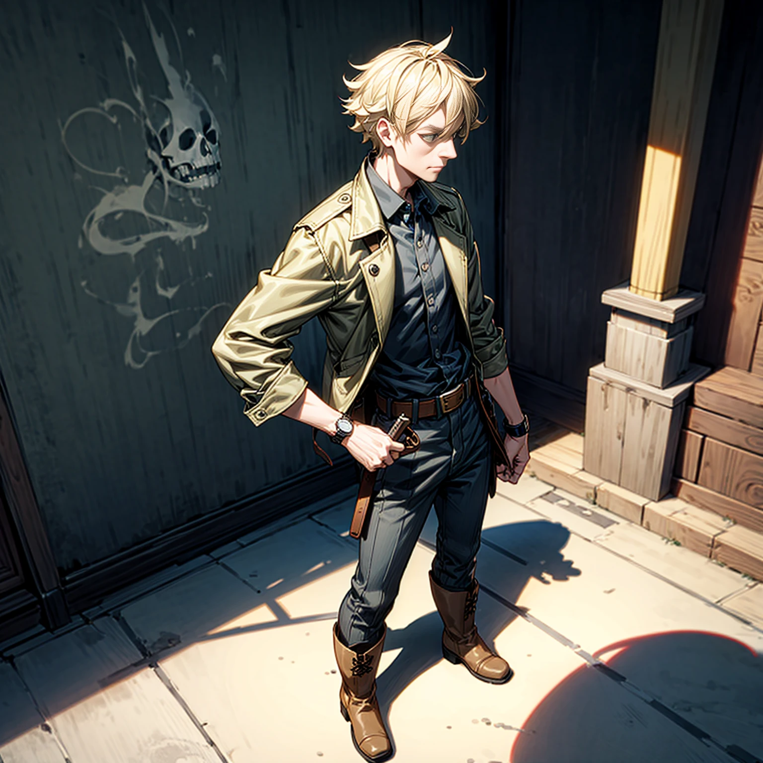 Solo character, full body version, aged man, blonde hair, short Curly hairstyle, casual clothing, boots, detailed shadow, shotgun in hand, standing gesture, bucket hat, belt, Watches, street city, house, people, sky blue, (dead note style art)