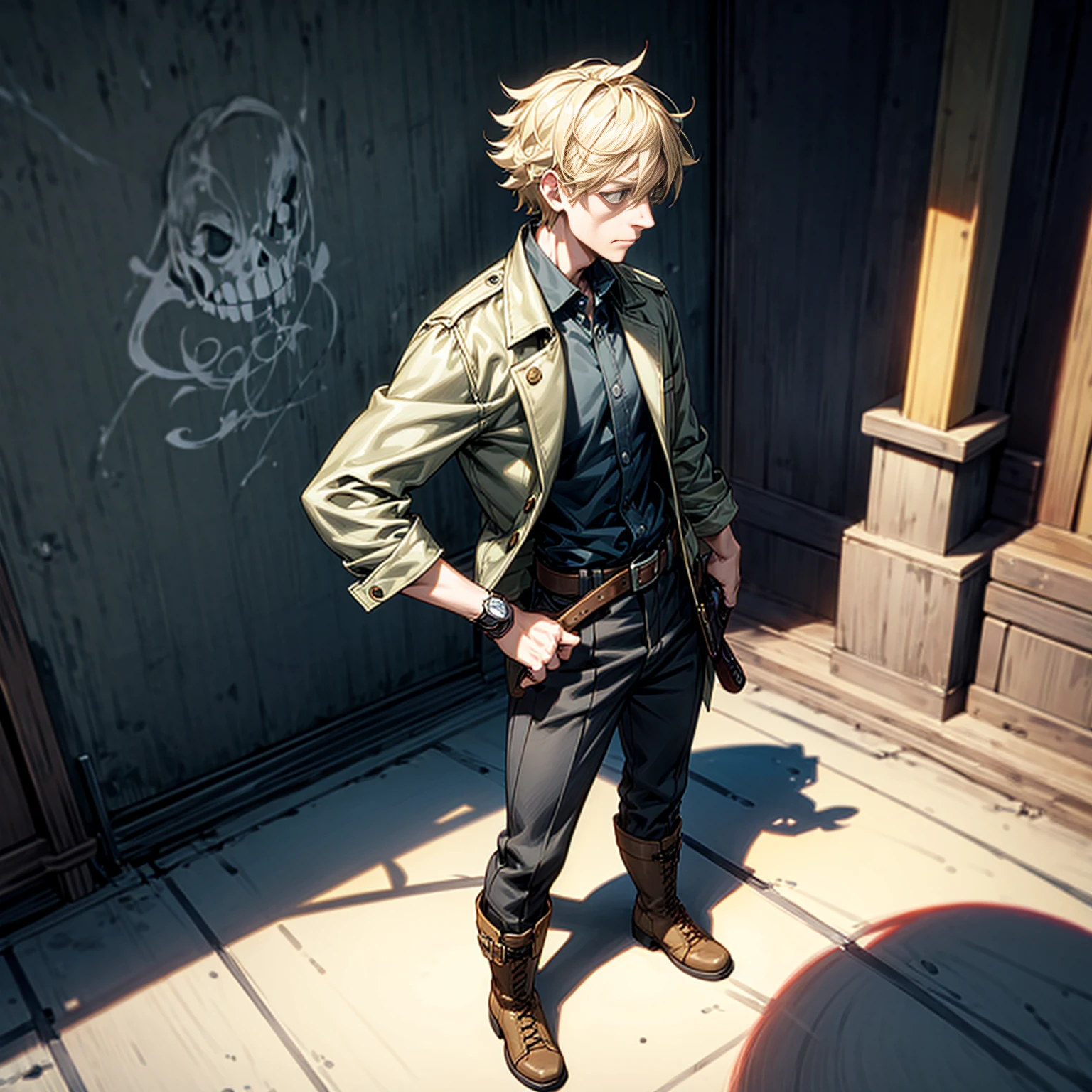 Solo character, full body version, aged man, blonde hair, short Curly hairstyle, casual clothing, boots, detailed shadow, shotgun in hand, standing gesture, bucket hat, belt, Watches, street city, house, people, sky blue, (dead note style art)