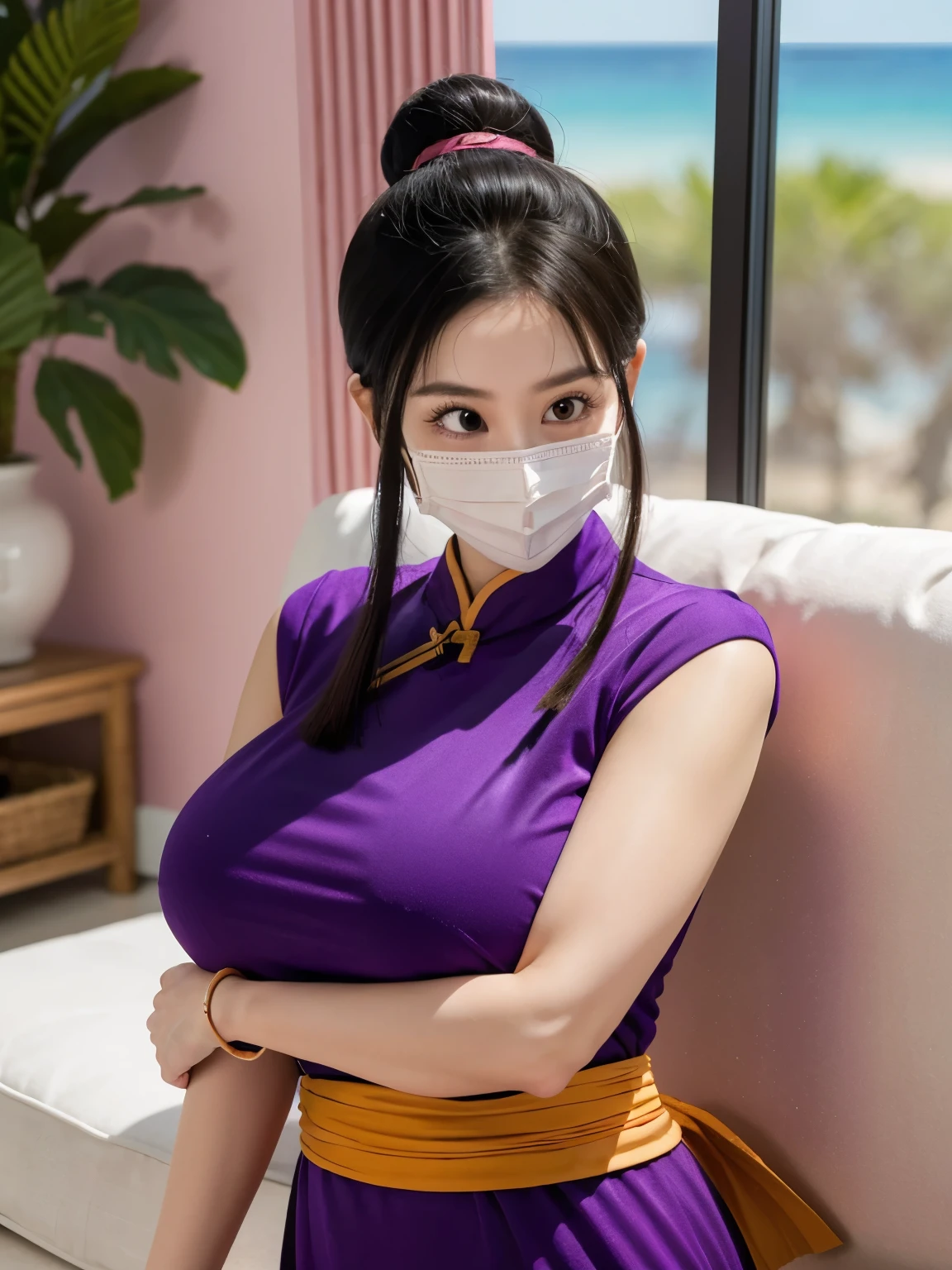(masterpiece, best quality:1.2), 1girl, solo, professional lightings, cinematic lightings, 8k wallpaper, ultra realistic portrait of chichi, dragonball, chichi_dbz, long sleeve pink shirt under china dress, ((face mask, dark purple Chinese dress, orange scarf)), bangle, bracelet), bare foots, detailed face, detailed eyes, highres, detailed skin texture, (ultra slim waist, perfect slim body style), black hair, (dango hair:1.15, parted long bangs:1.15), big eyes, double eyelids, ((((ultra huge breasts, ultra huge tits, ultra huge boob, ultra huge cleavages)))), ultra realistic mature older face, ultra detailed mature older face, realistic wrinkles on face and eyes, detailed wrinkles on face and eyes, (in living room, TV, view palms tree via window:1.1, ocean, palm tree and beach view via window:1.25, couch, wooden floor, house plants, pink painted walls:1.1), in extremely tiny island, ((standing)), looking at viewer, cowboy shot, close up angle,