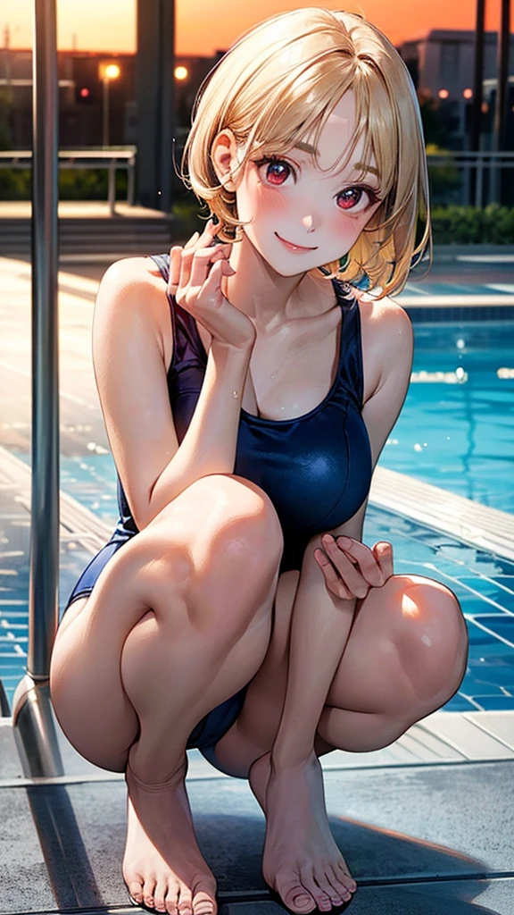 (masterpiece:1.2, Highest quality), (Realistic, photoRealistic:1.4), Beautiful illustrations, (Natural Side Lighting, Cinema Lighting),
View your viewers, Upper Body, (Front view), 1 girl, Japanese, high school girl, Perfect Face, Cute and symmetrical face, Glowing Skin, Baby Face,
(short hair:1.5, Pixie Cut:1.4, Blonde), Pin your bangs back, Red eyes, Long eyelashes, (Large Breasts:0.6),
Beautiful Hair, Beautiful Face, Beautiful attention to detail, Beautiful clavicle, Beautiful body, Beautiful breasts, Beautiful thighs, Beautiful feet, Beautiful fingers,
(School Swimsuit),
(Beautiful views), evening, Squatting in the pool, (Cute smile, Upward glance),