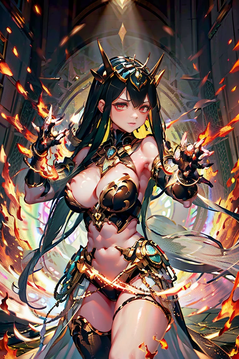 tiara, red eyes, long hair, hair between eyes, large breasts, cleavage, dress, cleavage cutout, bare thighs, high-leg, fingerless gloves, bare fingers gloves, perfect hands, perfect fingers, elbow gloves, bare shoulders, fearless face, (((5 fingers, 4 fingers and 1 thumb, super detailed hands and fingers, deep detailed hands and fingers, extremely ultra detailed beautiful hands and fingers, Anatomically accurate hands and fingers, human hands, human fingers, Naturalistic hands and fingers, Proportional hands and fingers, highly detailed fingers and hands, insanely detailed hands and fingers, finely detailed hands and fingers, betterhand))), ultra high res, cg unity 8k wallpaper, absurdres, showgirl skirt, adult face, super fine illustration, best quality, masterpiece, masterwork, ultra detailed, extremely detailed, by famous artist, official art, exquisite, beautiful,