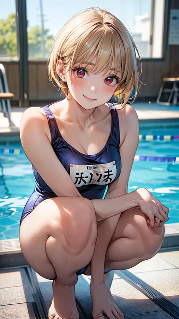 (masterpiece:1.2, Highest quality), (Realistic, photoRealistic:1.4), Beautiful illustrations, (Natural Side Lighting, Cinema Lighting),
View your viewers, Upper Body, (Front view), 1 girl, Japanese, high school girl, Perfect Face, Cute and symmetrical face, Glowing Skin, Baby Face,
(short hair:1.5, Pixie Cut:1.4, Blonde), Pin your bangs back, Red eyes, Long eyelashes, (Large Breasts:0.6),
Beautiful Hair, Beautiful Face, Beautiful attention to detail, Beautiful clavicle, Beautiful body, Beautiful breasts, Beautiful thighs, Beautiful feet, Beautiful fingers,
(School Swimsuit),
(Beautiful views), evening, Squatting in the pool, (Cute smile, Upward glance),