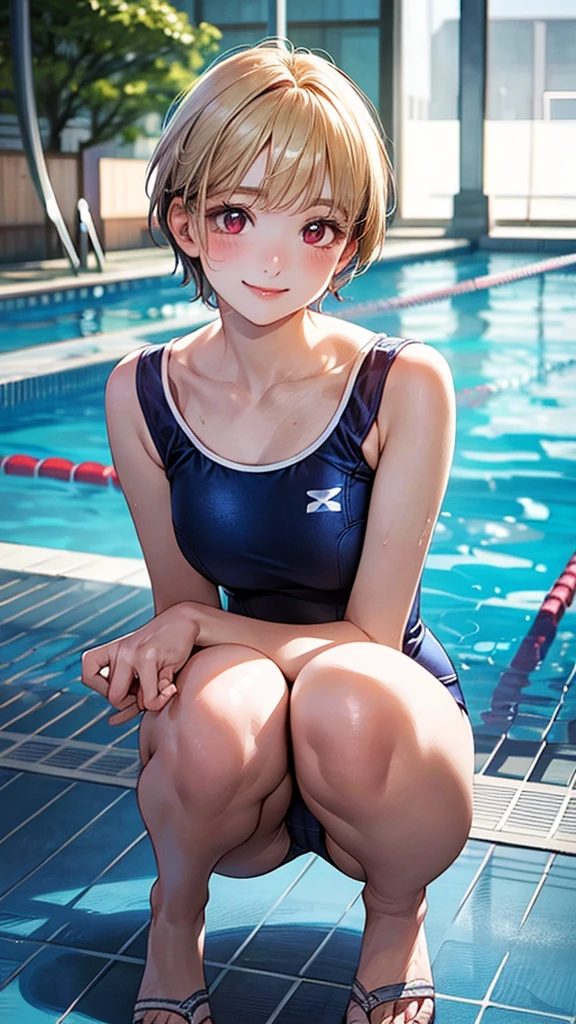 (masterpiece:1.2, Highest quality), (Realistic, photoRealistic:1.4), Beautiful illustrations, (Natural Side Lighting, Cinema Lighting),
View your viewers, Upper Body, (Front view), 1 girl, Japanese, high school girl, Perfect Face, Cute and symmetrical face, Glowing Skin, Baby Face,
(short hair:1.5, Pixie Cut:1.4, Blonde), Pin your bangs back, Red eyes, Long eyelashes, (Large Breasts:0.6),
Beautiful Hair, Beautiful Face, Beautiful attention to detail, Beautiful clavicle, Beautiful body, Beautiful breasts, Beautiful thighs, Beautiful feet, Beautiful fingers,
(School Swimsuit),
(Beautiful views), evening, Squatting in the pool, (Cute smile, Upward glance),