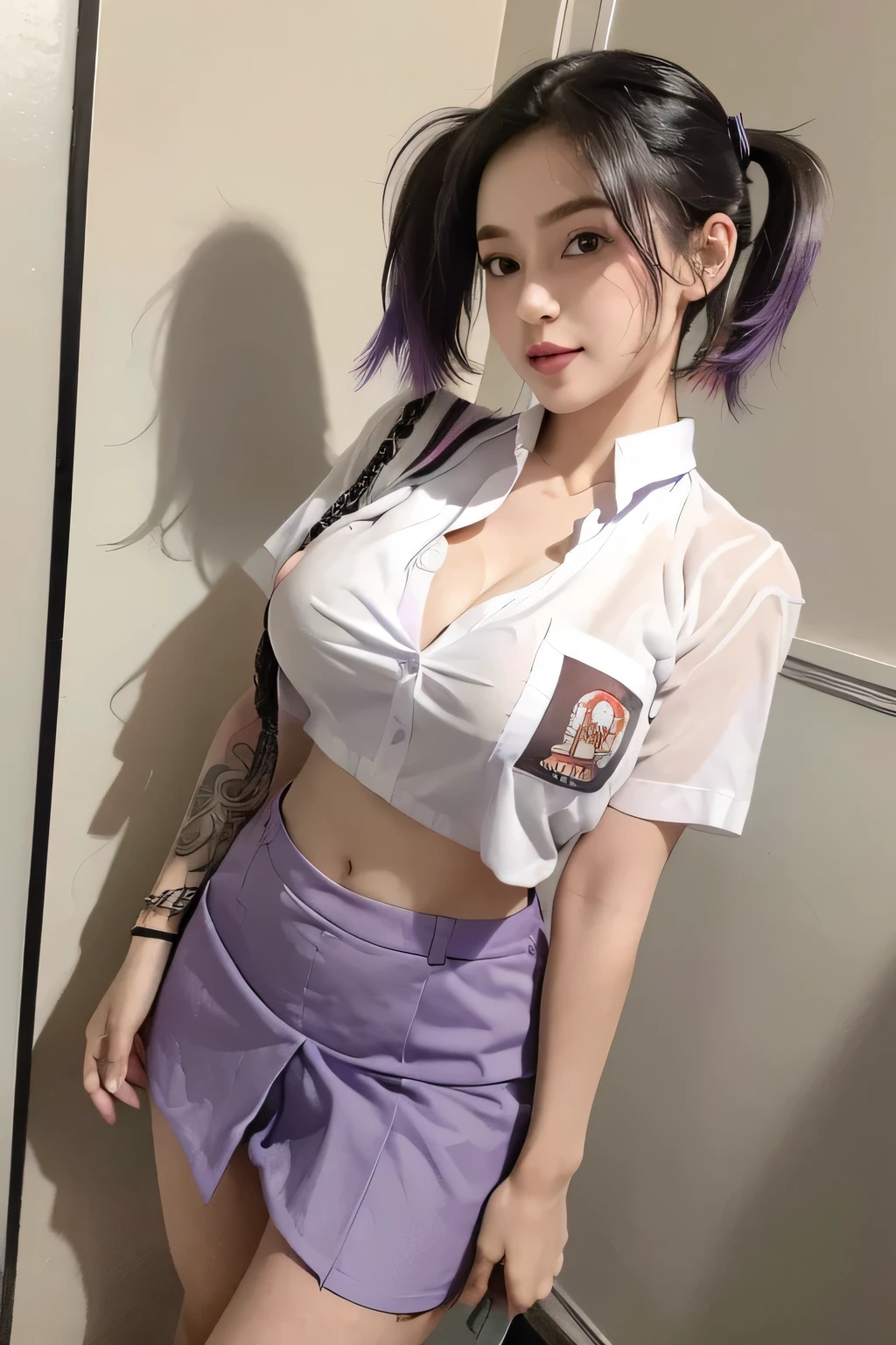 lesbian, (2girls:1.1), ( lovers, (mother and daughter) on a romantic date:1.15), RAW, Best quality, high resolution, masterpiece: 1.3), (wear: multicolored highlight (purple) hair 1.3), (twin tails short hair), Masterpiece, (very Huge breast), (gigantic breasts), (very massive breast), (large full breast, see-through Loose tight white button shirt with visible nipples), beutiful face, detail face, big gorgeous eyes, smile, (girl in sexy school suit), (wear: open up button school uniform(naked, short sleeve, underboobs, low cut), navel (cleavage): 1.3), (wear: see-through tight short mini skirt, (mini skirt slit): 1.3) (breasts-tattoos), (background: crowded corridor school: 1.3), Excellent lighting, Bright colors, Clean lines, tattoo, (irezumi Tattoo), (tattoos), TATTOO, (pet chain chokers)