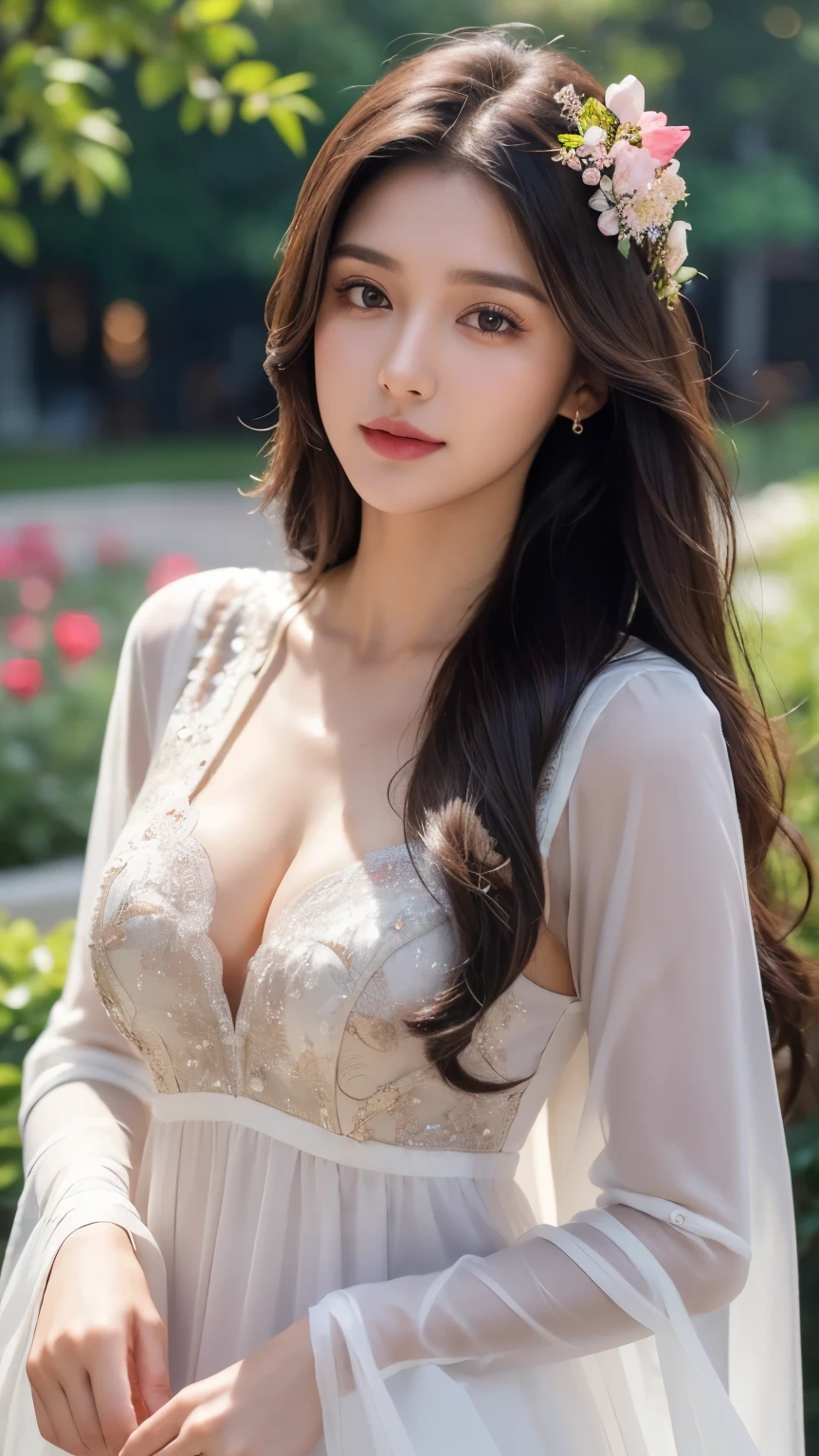 Beautiful ,23 years young girl,confident looking,8k,realistic,dark brown hair,fair skin, indian,long hair,clear facial features, wearing beautiful dress and flowers 🌷🌹and hairs on face make it seductive effect, cleavage