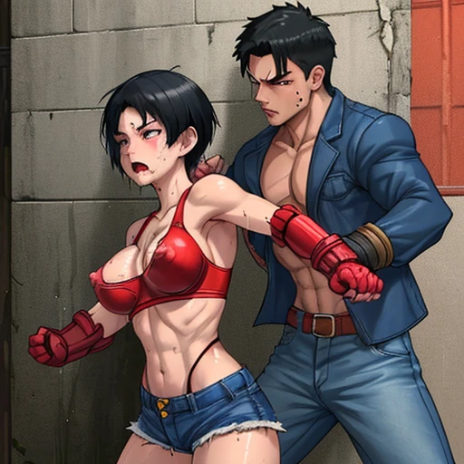 a male streetfighter grabs a female streetfighter's hair in the backstreet. a bloody beautiful Japanese female fighter is being beating terribly by a male fighter. her body is slammed on the wall by the male. Blood is dripping from her nose. She is covered in scars and bruises. she is damaged terribry. Short-cut black hair, out of breath, drooling from mouth, one eye closd, crying, exhausted, drenched in sweat. Erect nipples. open finger glove. bra-top, denim shorts
