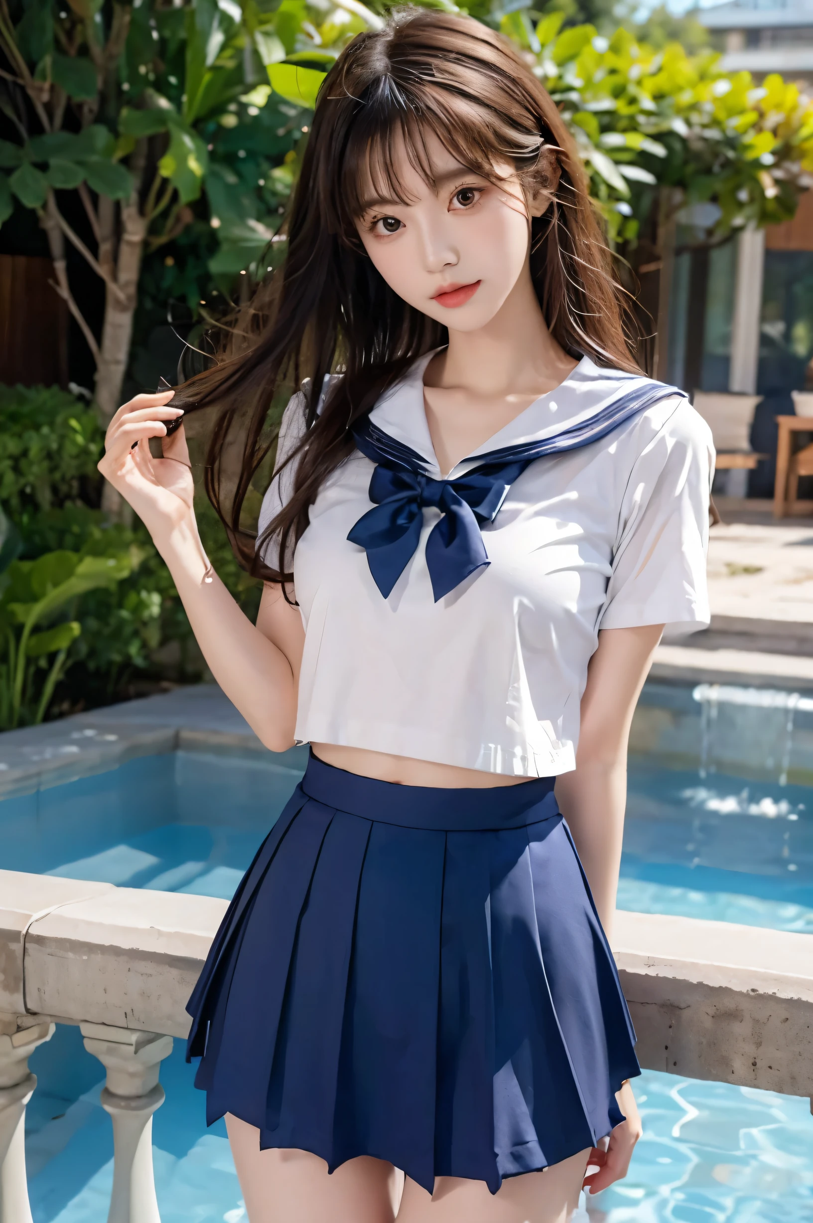 (Ultra HD), (Short-sleeved sailor uniform, Navy blue mini skirt), Big Breasts, slender, whole body, Standing posture, (Clean and shiny skin, Whitening, No makeup), (Super slim face, Super beautiful face), (semi-long, Layered Cut, Fluffy hair), (double eyelid, Slanted Eyes), Small Nose, Thin lips, Thin legs, school gate