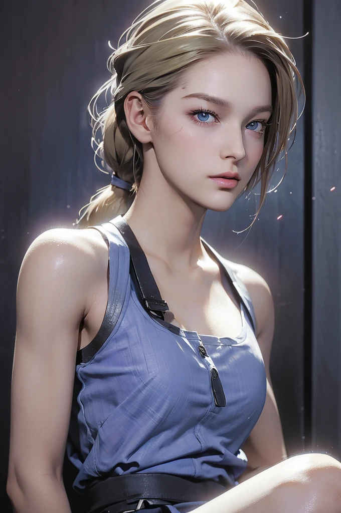 A masterpiece of a very beautiful girl, Sexy blonde, Long Hair, ponytail, blue eyes, Expressive eyes, Detailed skin, realistic skin texture, texture, Detailed eyes, Beautiful woman, lilac, lilacレースパンティー,Jill Valentine