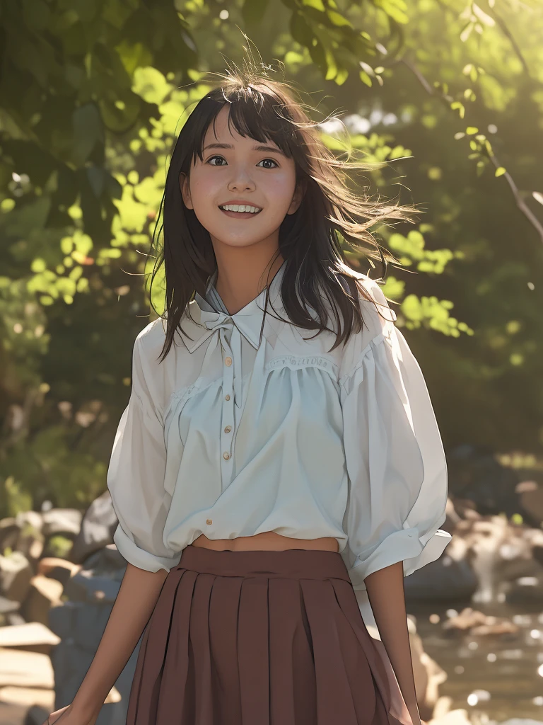 reasonable design, Clear lines, High Sharpness, (highest quality,8K,Perfect sharpness,Ultra fine,High resolution,masterpiece:1.2), Perfect Anatomy:1.5, Official Art, Illustrations that tell a story, (Whitish background:0. 9)、Body Positivity、More Mr.Physical expression、(Random and mischievous poses)、Perfect beauty、Perfect beautiful face、Strong winds、A rich expression、Dynamic composition、smile、Golden ratio composition、colorful、(Mr.Different angles and perspectives)、anime art、mini skirt、(Overcoming stereotypes)、 Glowing Skin、(Natural beauty)、smile、bangs、Straight Hair、(Soft and flowing hair)、(Rural Scenery)、(Nostalgic atmosphere)、Insert up to the thighs、(Playful and carefree)、(More Mr.Ethnic characters)、(innocent attitude)、(Sunny atmosphere)、Skirt flipped up、(Bright colors)、Belly button exposed、Beautiful Eyes、A skirt fluttering in the wind、Put it in to your feet、Some composition patterns、sensuous、Geometric pattern、emotional、Symposium cover、Lens flare、Halation、 facial close-up、