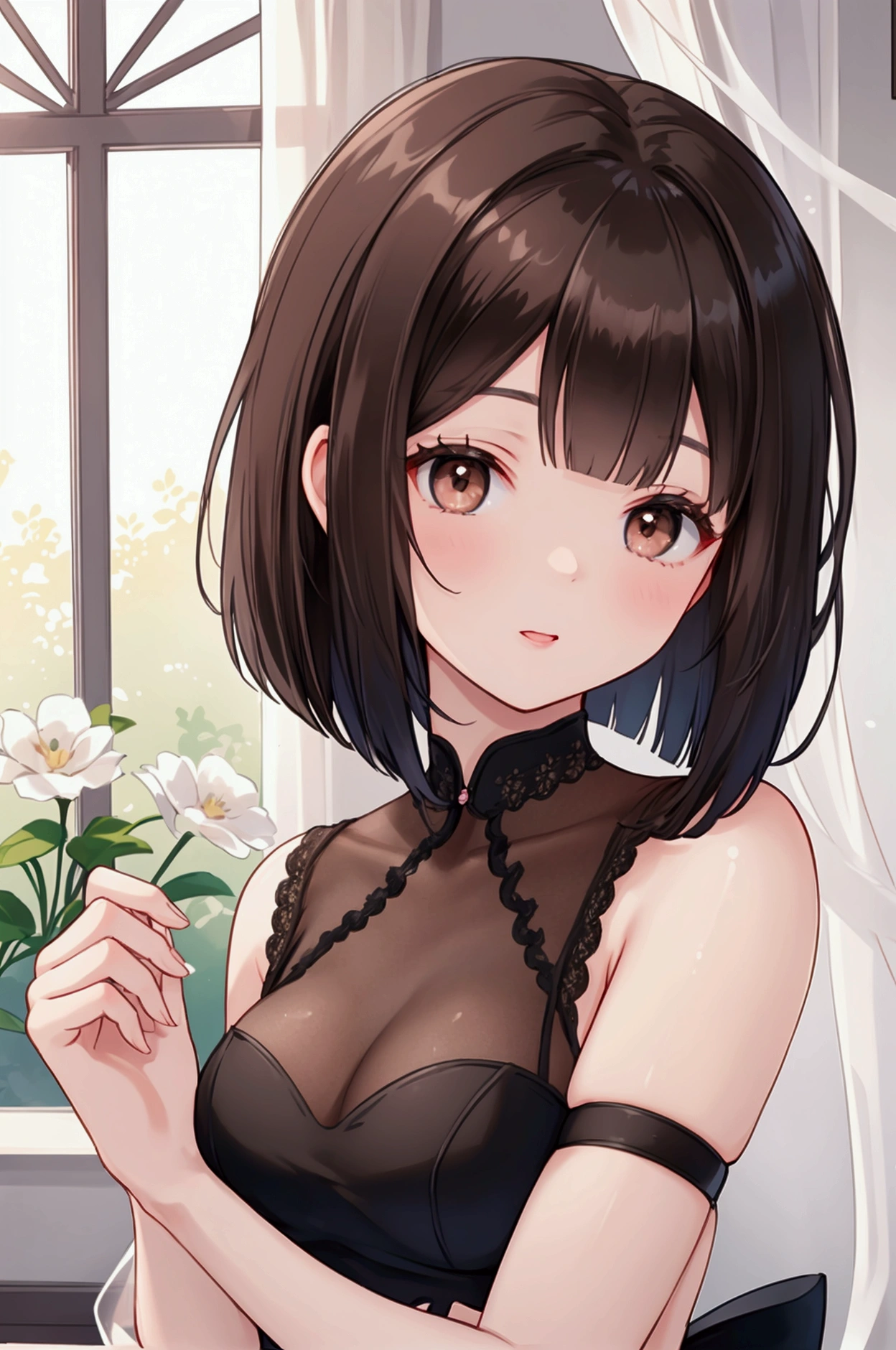 Photorealistic、Highest quality、Highest Resolution、Highest quality、16Ｋ、A beautiful woman with black bob cut hair and a beautiful woman with long brown hair、Cute face、Delicate face、Beautiful breasts、Sisters、Go out、