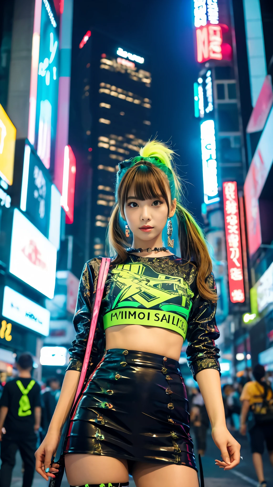 masterpiece, Highest quality, Wear unique Harajuku style clothing,The mint green colour stands out,Bold colors and patterns, Eye-catching accessories, Trendy and innovative hairstyles, Bright makeup, Dazzling cyberpunk cityscapes, Skyscraper, Neon Signs, LED Light, Bright and vivid color scheme, anime, shape, Fine skin, High quality fabric, Intricate details, Very detailed,Low - Angle, whole body, vision(avert your eyes:1.4),Dynamic pose、Hand holding a sword、With a sword in hand.