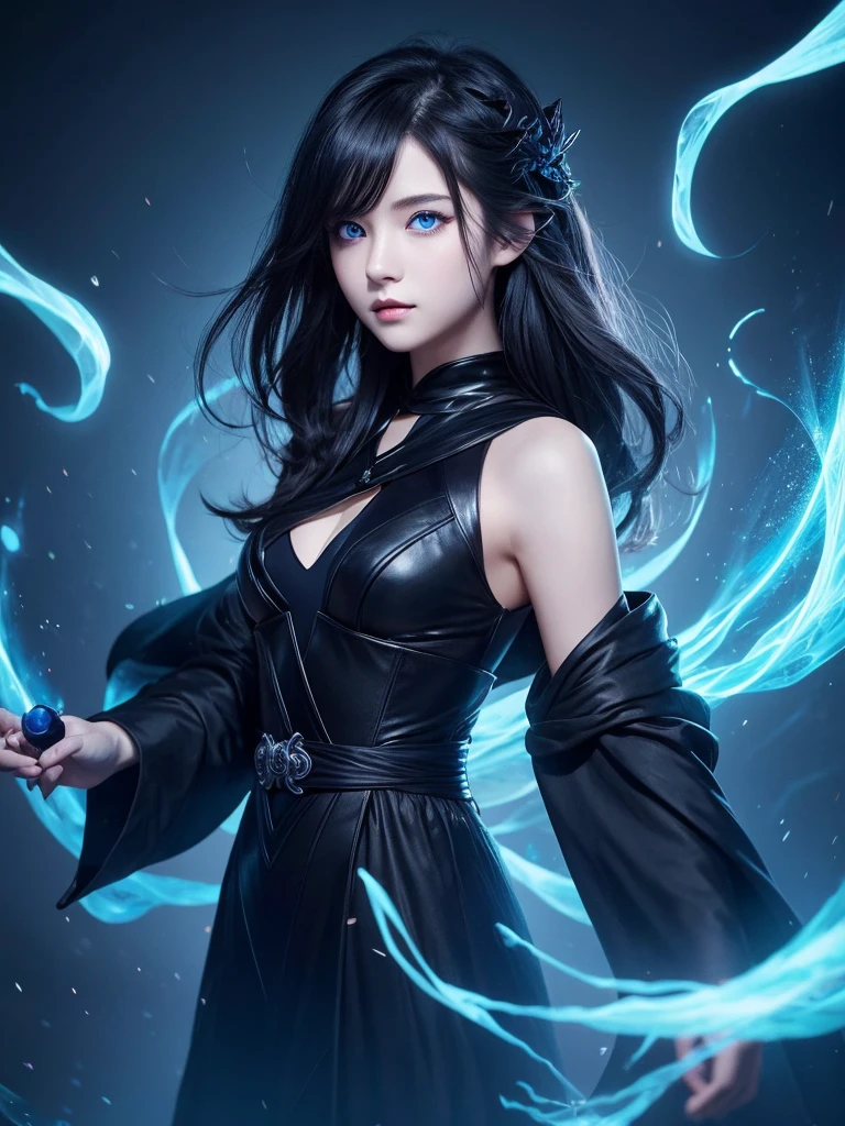 25-year-old girl、Rune background、black magician、Wearing a black robe、mesmerize、cute woman、Elegant hairstyle、indigo hair color、Slightly shorter hair、blue eyes、look at the viewer、masterpiece、Best image、