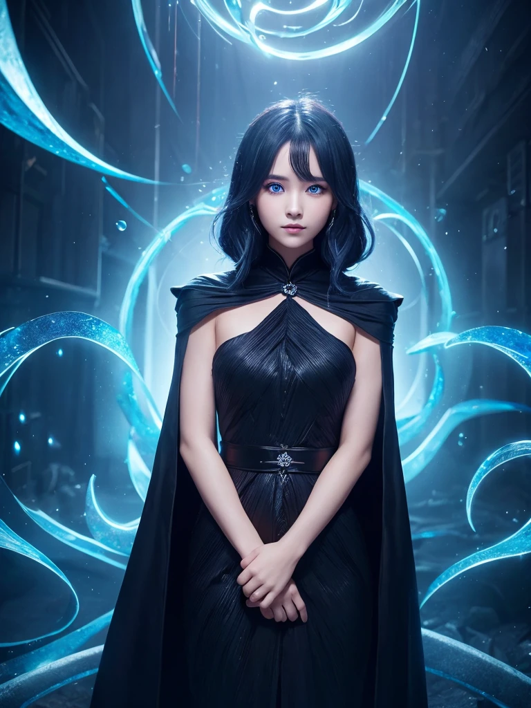 25-year-old girl、Rune background、black magician、Wearing a black robe、mesmerize、cute woman、Elegant hairstyle、indigo hair color、Slightly shorter hair、blue eyes、look at the viewer、masterpiece、Best image、