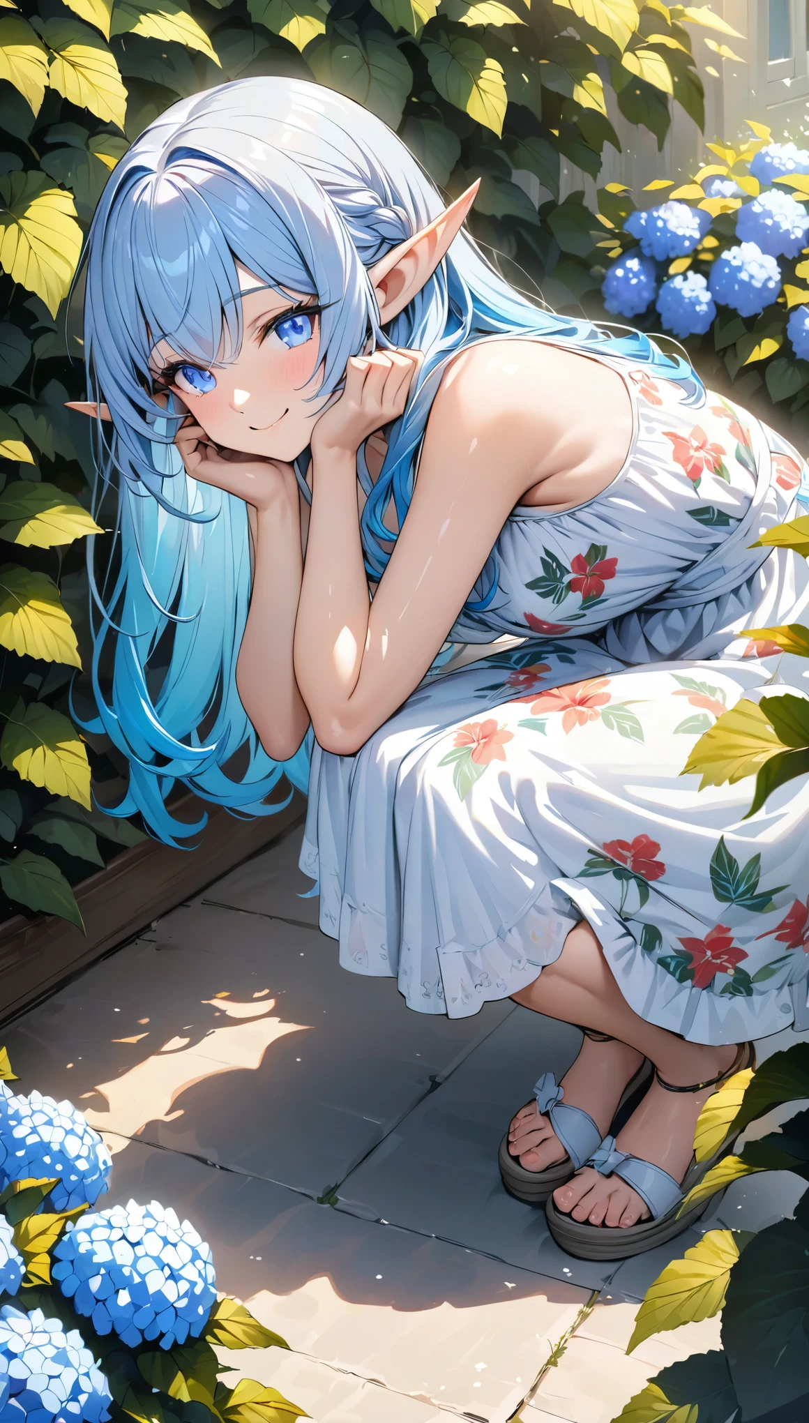 ((masterpiece)), ((best quality)), perfect detailed eyes, perfect detailed face, ultra-detailed nose, bare shoulders, charming, perfect face, detailed hands, Sundress, summer dress, Hibiscus print clothes, Bending down to bring herr face closer to the hydrangea flowers, bending her knees, squatting, smile, elf, long pointy ears, light blue hair, gradient hair, shiny hair, Hair color that changes from light blue to yellow towards the ends