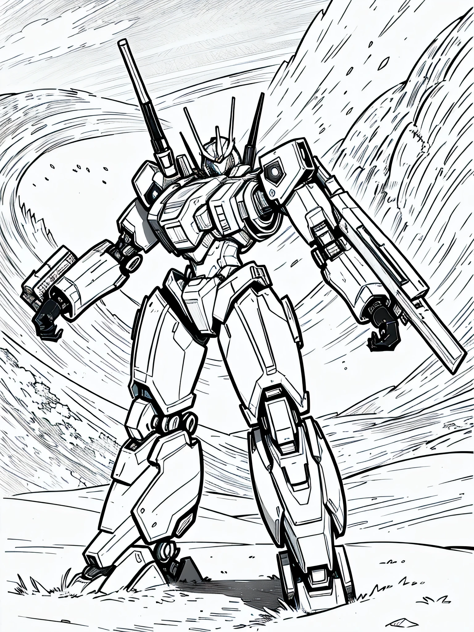 masterpiece, Best Quality, a mecha in the desert, closeup Line art, monochrome, clean lines, black and white, his summer, coloring book page,  