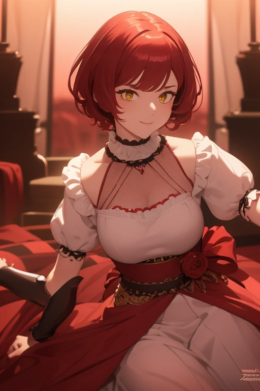 A crazy girl with short red hair, a pink dress with blood on it, her face has blood too, a wide sadistic smile, yellow eyes, white socks with pink details and red shoes quality,4k,8k,highres,masterpiece:1.2),ultra-detailed,(realistic,photorealistic,photo-realistic:1.37),extremely detailed face and eyes,intricate detailed hair,high fashion,dramatic lighting,cinematic,vivid colors,elegant,beautiful,soft focus