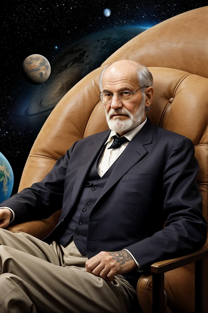 Create me a tattoo where Sigmund Freud is sitting on a planet Earth saying one of his famous phrases 