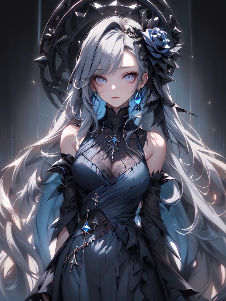 (masterpiece:1.2), highest quality, 1 female, alone, long long gray hair, very long hair, bangs, (dark blue background:1.4), dark blue eyes, black bonnet with dark blue rose decoration, black gothic dress
