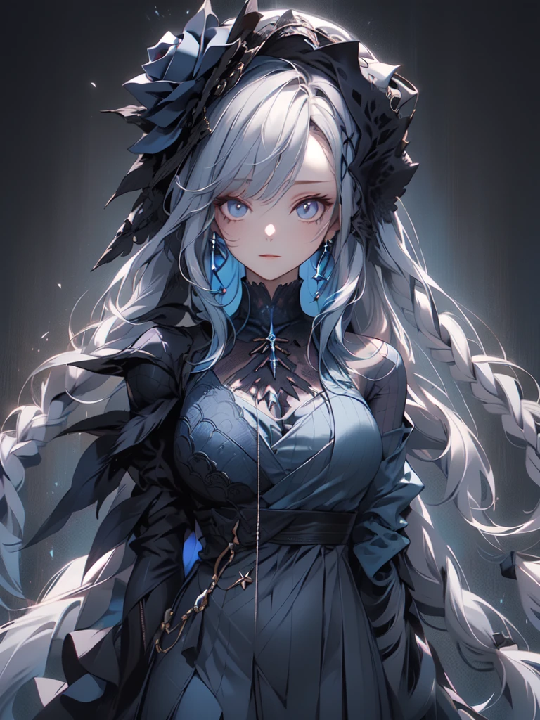 (masterpiece:1.2), highest quality, 1 female, alone, long long gray hair,   very long hair, bangs, (dark blue background:1.4), dark blue eyes, black bonnet with dark blue rose decoration, black gothic dress
