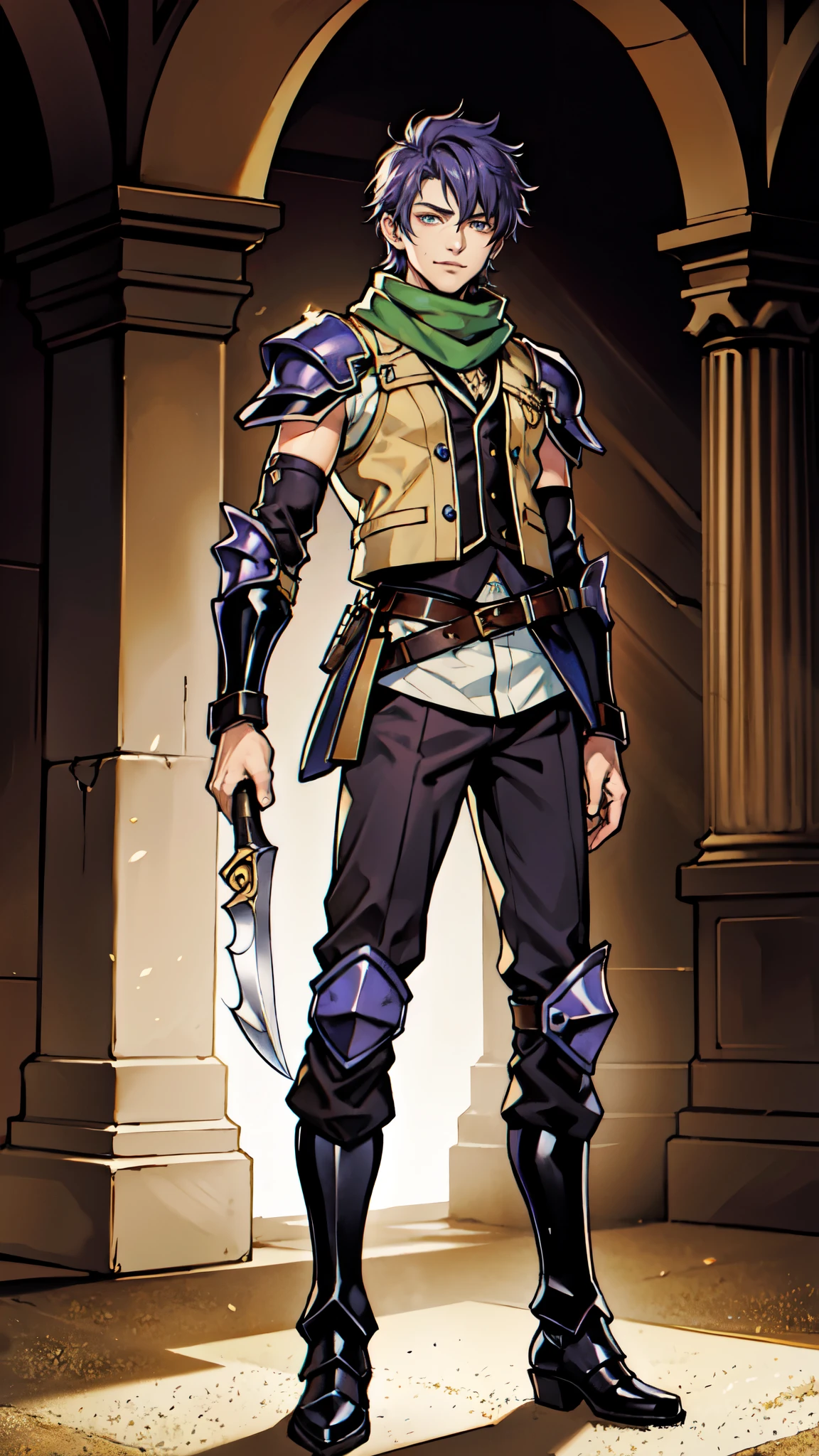 (masterpiece:1.2, best quality:1.2, extremely delicate:1.2), ((male:1.5)), a young man with short blue-purple hair, side-swept bangs covering one eye, a confident expression, a scar on the bridge of his nose, a slight smile on his lips, a dark green scarf around his neck, a fantasy-reality style rogue outfit, an open dark short vest, a layered futuristic tight armor underneath that emits a silver-blue glow, small fitted shoulder armor, matching arm guards and shin guards, a two-piece leather belt at his waist, layered canvas trousers, tall boots, he holds a serrated blade horizontally behind him with his raised right hand, standing imposingly on a windy and sandy hillside, this character embodies a finely crafted fantasy-reality-style rogue in anime style, exquisite and mature manga art style, dramatic, high definition, highres, ultra-detailed, ultra-fine painting, professional, perfect body proportions, golden ratio, anatomically correct, symmetrical face, extremely detailed eyes and face, high quality eyes, creativity, RAW photo, UHD, 32k, Natural light, cinematic lighting, (masterpiece-anatomy-perfect:1.2)