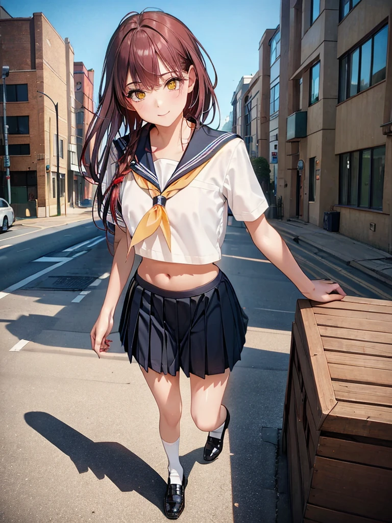 ((masterpiece)),(Best Quality),very detailed, (perfect anatomy)、beautiful female body, masterpiece、Ultra high quality、 8k、masterpiece、of the highest quality、ultra high resolution、maximum resolution、Very detailed、Professional lighting、cheered up、women、very beautiful face、very beautiful eyes、(very detailed eye)、yellow eyes, Cara very detailed, beautiful and detailed face, official art,1 girl, Alone, long hair in braid , Red hair, belly button, sailor , diaphragm, realist,Running away, Tender smile, big breasts, Beautiful figure, beautiful smile, Whole body, japanese schoolgirl(Sailor suit in black and white tones), short sleeve,short pleated skirt, Socks type gal, loose white socks, loose pants, Brown loafers,tomorrow,The sun is rising, from above, rest outdoors, city,area, REST looking at the viewer, whole body, (perfect hands, perfect anatomy),