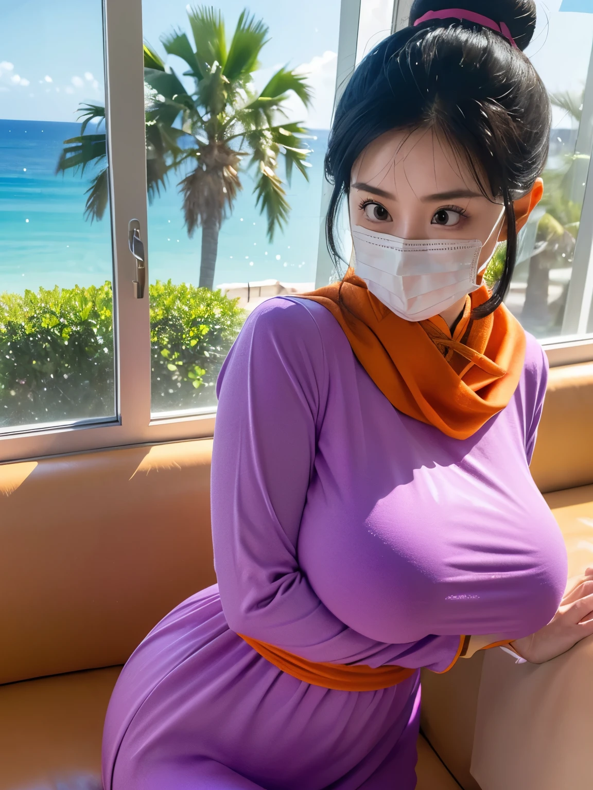 (masterpiece, best quality:1.2), 1girl, solo, professional lightings, cinematic lightings, 8k wallpaper, ultra realistic portrait of chichi, dragonball, chichi_dbz, long sleeve pink shirt under china dress, ((sun glass & face mask, dark purple Chinese dress, orange scarf)), bangle, bracelet), bare foots, detailed face, detailed eyes, highres, detailed skin texture, (ultra slim waist, perfect slim body style), black hair, (dango hair:1.15, parted long bangs:1.15), big eyes, double eyelids, ((((ultra huge breasts, ultra huge tits, ultra huge boob, ultra huge cleavages)))), ultra realistic mature older face, ultra detailed mature older face, realistic wrinkles on face and eyes, detailed wrinkles on face and eyes, (in living room, TV, view palms tree via window:1.1, ocean, palm tree and beach view via window:1.25, couch, wooden floor, house plants, pink painted walls:1.1), in extremely tiny island, ((standing)), looking at viewer, cowboy shot, close up angle, nsfw,