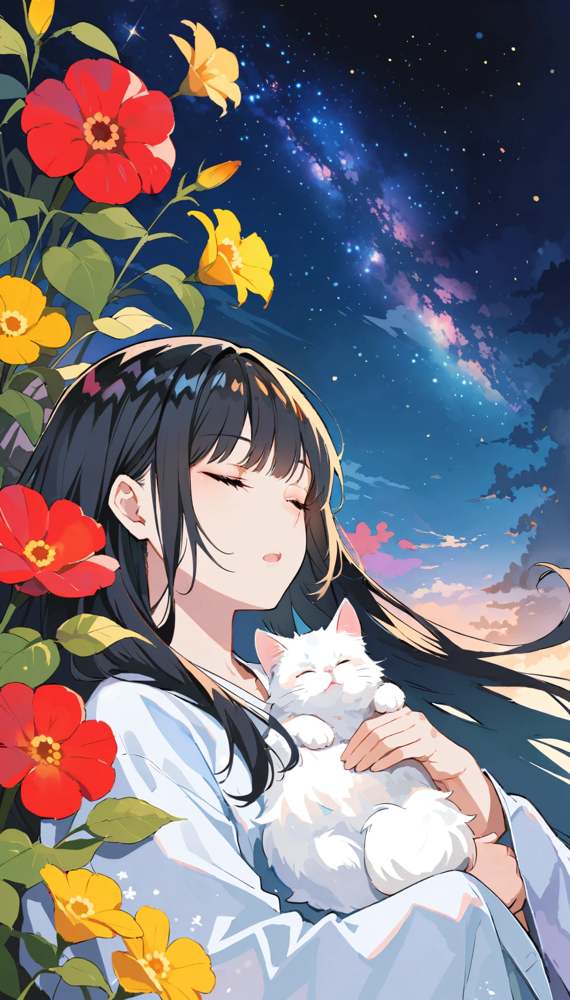A and a fluffy white kitten, flowers, sleep, long black hair, night, starry sky
