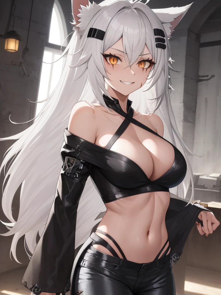 best quality, masterpiece, highres, solo character, solo, animal_ears, wolf_ears, long_hair, scar, bangs, scar_across_eye, hair_ornament, hairclip, scar_on_face, hair_between_eyes, grey_eyes, smile, grey_hair, white_hair, upper_body, Anime art, tall anime woman. muscular body, (((dirty white hair messy hair))), Amber Orange eyes, white loose Tube top, cleavage, exposed belly skin, (((black long skinny pants))), black combat boots, white tail and cat ears, ultra high detail face, ultra high detail eyes, evil grin expression. hands on hips pose, looking at viewer. mechanic workshop background. super high detail eyes, very detailed eyes.
