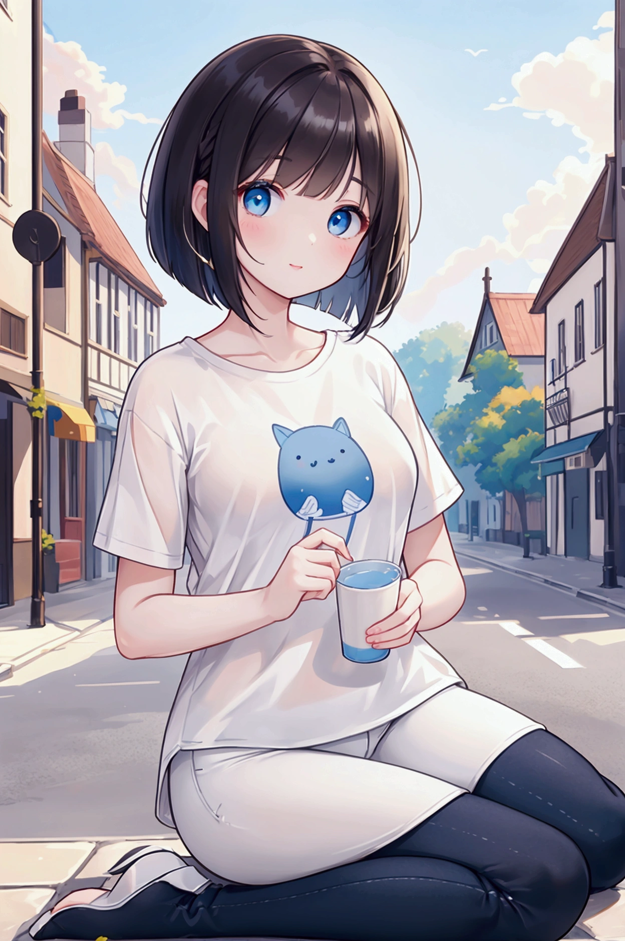 Photorealistic、Highest quality、Highest Resolution、Highest quality、16Ｋ、One beautiful woman、Cute face、Delicate face、Bob cut hair、Dark Hair Color、Pale blue eyes、Beautiful breasts、Cute oversized t-shirt、Tight skinny pants、Clear skies、Town、