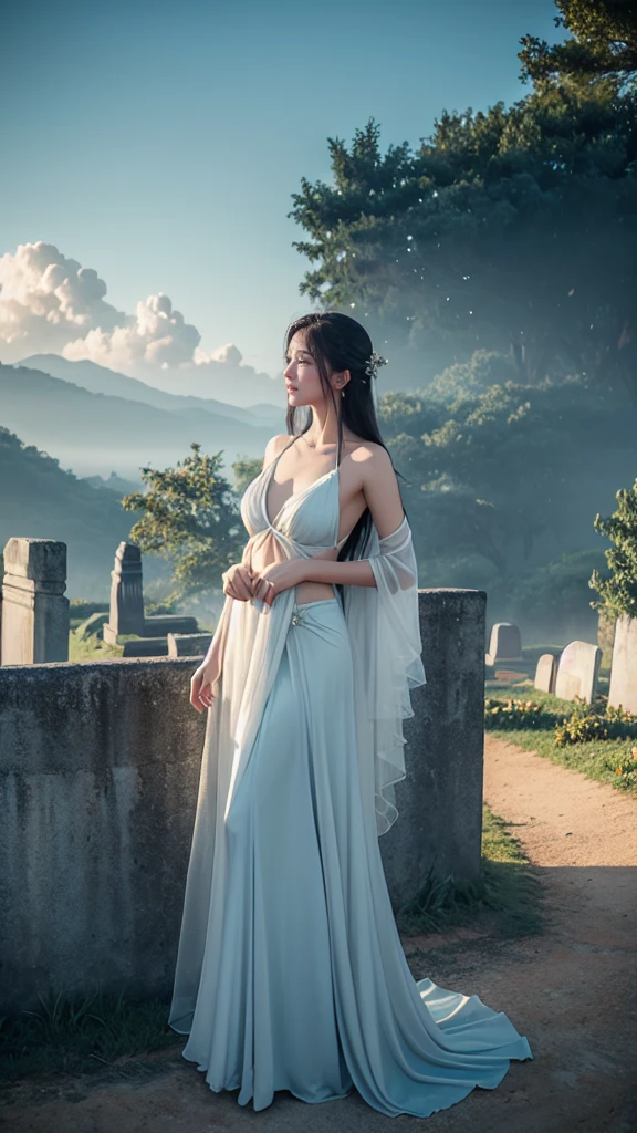 Light lines form shapes,fox, octane and unreal engine 5 rendering, bokeh dark forest grave background,4K resolution,Ancient Chinese Women,female god,The gods, 25 years old, Handsome and sexy,white silk gauze,Golden Angel Dress,Exquisite clothing styles,Beautiful real jade pendant, Barefoot,bare shoulders,Reveal your navel,Date and time,Under your feet there are clouds and mist., fly in the sky,fly in the sky,float,calm and indifferent, detailed body, detailed face, The body is greasy.,smile a little, A beautiful one, Exaggerated, Handsome and charming, Looks brave., long hair fluttering,ผมfloat,It has a long bang.,Incredible amount of hair,Hair flowing,Ambient light,Detailed sky background,Surrounded by clouds,Volumetric illumination,Cell shading,64k