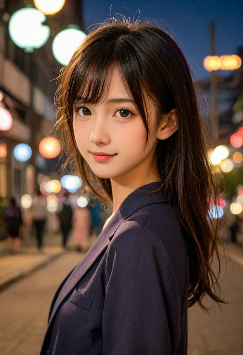 score_9, score_8_up, score_7_up, 1girl, japanese girl, cute, kawaii, beautiful face, perfect face, perfect body, light smile, girl wearing formal suits, detailed eyes, shiny skin, waking, looking at viewer, small breasts, skinny, from behind, depth of field, simple background, tokyo street, outdoors, night, night sky, jpn-girl, extremely detailed, professional lighting
