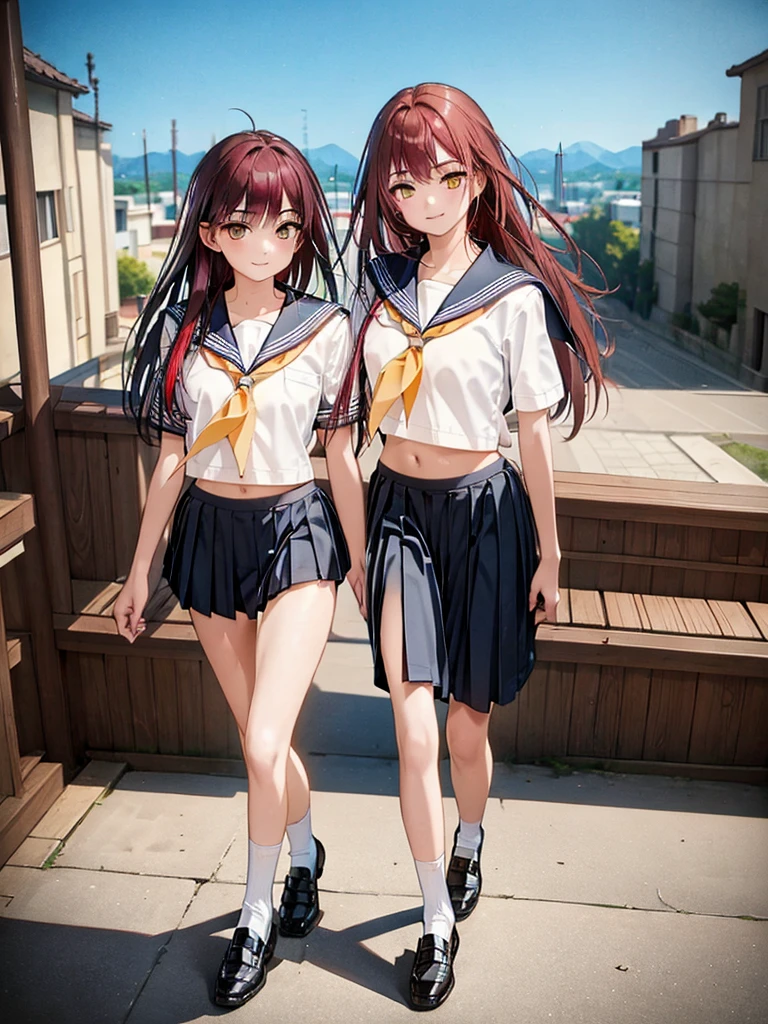((masterpiece)),(Best Quality),very detailed, (perfect anatomy)、beautiful female body, masterpiece、Ultra high quality、 8k、masterpiece、of the highest quality、ultra high resolution、maximum resolution、Very detailed、Professional lighting、cheered up、women、very beautiful face、very beautiful eyes、(very detailed eye)、yellow eyes, Cara very detailed, beautiful and detailed face, official art,1 girl, Alone, long hair in braid , Red hair, Red-hair, belly button, sailor , diaphragm, realist,Running away, Tender smile, big breasts, Beautiful figure, beautiful smile, Whole body, japanese schoolgirl(Sailor suit in black and white tones), short sleeve,short pleated skirt, Socks type gal, loose white socks, loose pants, Brown loafers,tomorrow,The sun is rising, from above, rest outdoors, city,area, REST looking at the viewer, whole body, (perfect hands, perfect anatomy),