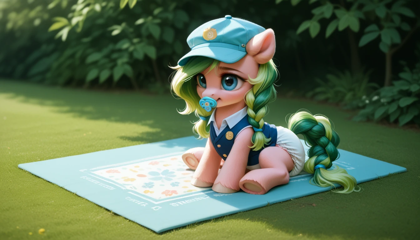 pony, бежевая земная pony, no horn, no wings, adult filly, lush mane braided, bushy tail, Blue eyes, sitting on a soft play mat, dressed in a vest, cap and booties, pacifier in mouth, solo, thick diaper under clothes.