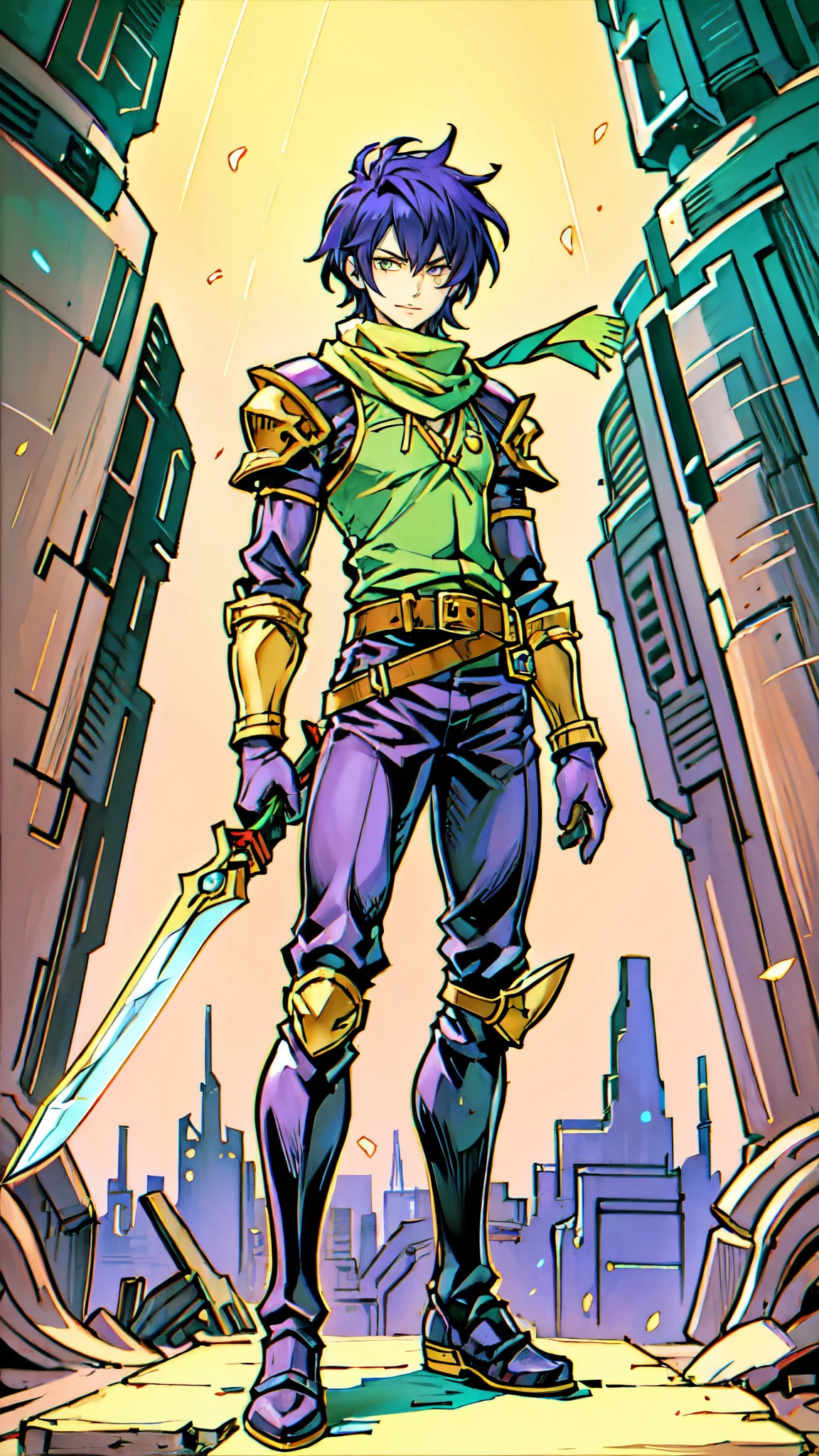 (masterpiece:1.2, best quality:1.2, extremely delicate:1.2), ((male:1.5)), a young man with short blue-purple hair, side-swept bangs covering one eye, a confident expression, a scar on the bridge of his nose, a slight smile on his lips, a dark green scarf around his neck, a fantasy-reality style rogue outfit, an open dark short vest, a layered futuristic tight armor underneath that emits a silver-blue glow, small fitted shoulder armor, matching arm guards and shin guards, a two-piece leather belt at his waist, layered canvas trousers, tall boots, he holds a serrated blade horizontally behind him with his raised right hand, standing imposingly on a windy and sandy hillside, this character embodies a finely crafted fantasy-reality-style rogue in anime style, exquisite and mature manga art style, dramatic, high definition, highres, ultra-detailed, ultra-fine painting, professional, perfect body proportions, golden ratio, anatomically correct, symmetrical face, extremely detailed eyes and face, high quality eyes, creativity, RAW photo, UHD, 32k, Natural light, cinematic lighting, (masterpiece-anatomy-perfect:1.2)