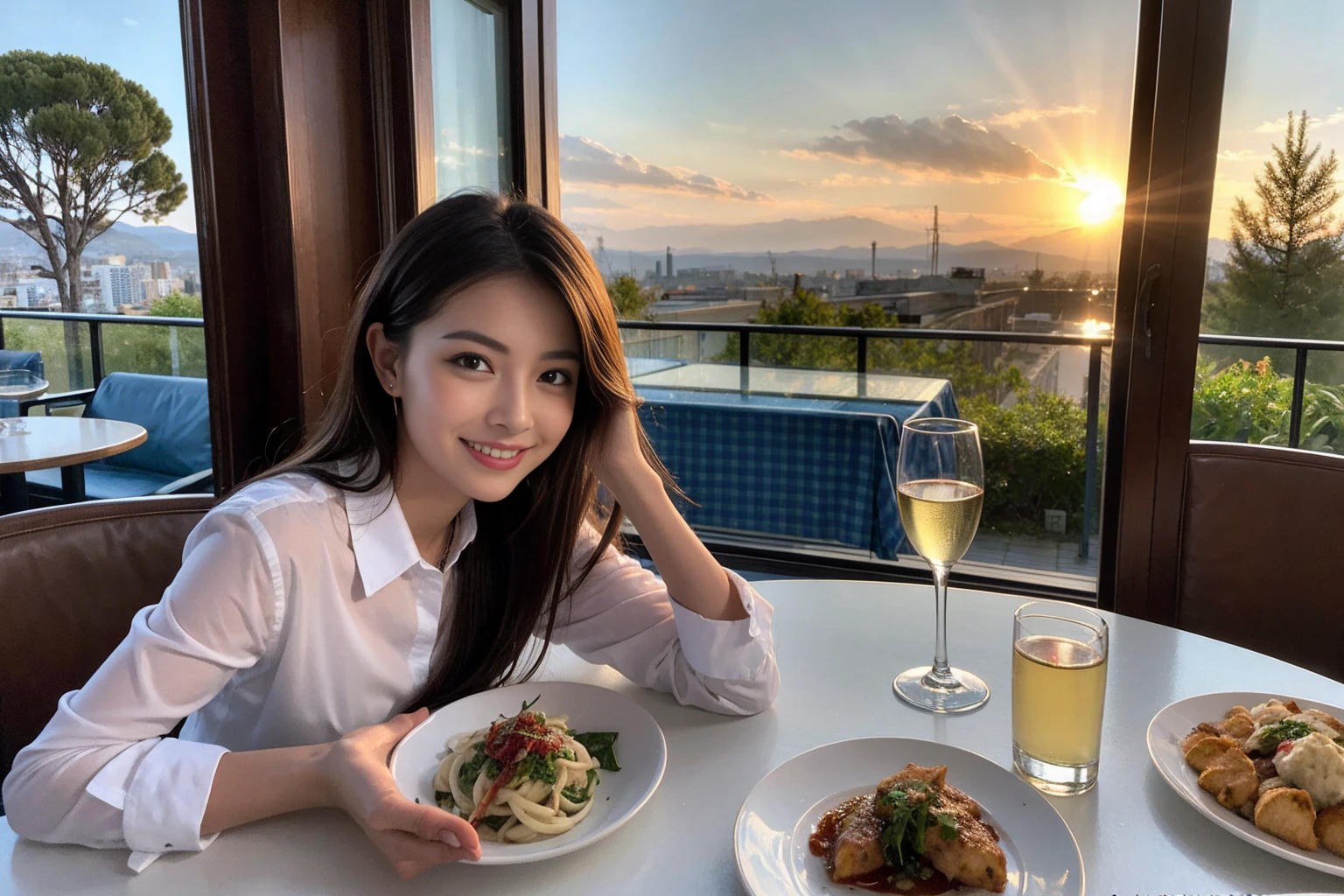 ((Highest quality、8k、masterpiece:1.3))、cute、slimカップル、modelカップル、actress男優、(Realistic, Intricate details:1.2), full-course dinner、Wine Party、Amazing view of the sunset sky and clouds、A bright smile、short hair,Bright Face、 (45 years old), 42 years old, red wine 、Appetizers、Italian food、Wine bottle、Champagne、sparkling wine、Two beauties、Brown Hair、Shortcuts、Long sleeve shirt、dress、Beautiful woman 1, (slimな顔), (The body is slim), (Brown Hair), (Shortcuts), cheeks turn a little red,Attractive beauty、restaurant, In a prominent place (From the waist up) Nova Frog Style, actress, model, Upper Body, White wine, slim, wine glass, 中央に置かれたwine glass, smile, (smile: 1.15), Beautiful fine grain, Depth f/2,saturation, High Contrast, Strong light and shadow,Moist Body:1.5、3D texture、Delicate eyes、Brown Hair、The hair is very shiny、