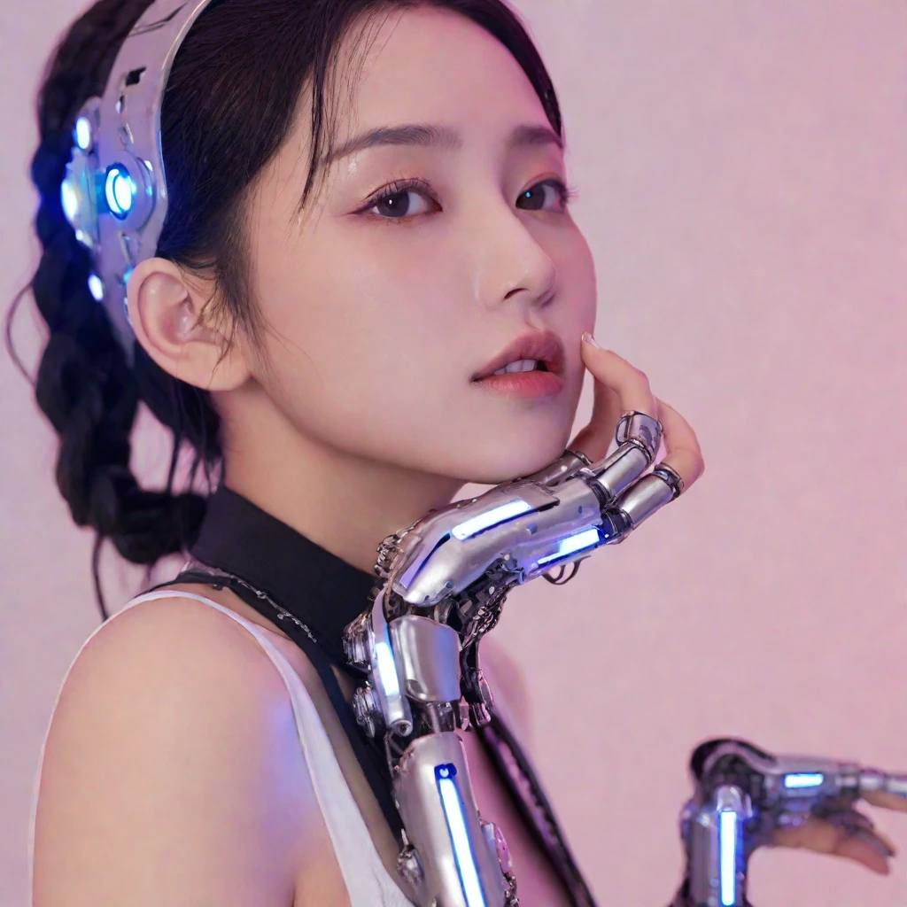 A stunning 4K photo-realistic image of a cyberpunk demi-human girl with an Asian face. Her visage is adorned with intricate machine implants, including a sleek silver visor that covers her eyes, revealing only a small slit for vision. These implants enable advanced sensory input and communication with her cybernetic systems.

Her skin is pale, with visible scars that tell a story of her past battles and a faint line where her flesh meets the cold metal of her implants. The seams are barely noticeable, indicating skilled integration between her organic and mechanical components.

Her hair is black, spiked up in an aggressive yet stylish manner. Small LED lights are integrated into the strands, flickering with various colors to match her mood. The hair is a statement piece, reflecting her rebellious spirit. The overall atmosphere of the image is captivating, photo, her body is embedded with mechanical implants under the skin, cyborg arms,  cyberware lines embedded in her face, , (Photorealsitic)、(intricate detailes:1.2)、(​masterpiece、:1.3)、beauty face, (top-quality:1.4)、(超A high resolution:1.2)、超A high resolution、(A detailed eye)、(detailed facial features), ((Realistic lighting、top-quality、8K、natural light, ​masterpiece:1.3))、bright photo, Clear focus:1.2、1girl in、flawless beauty:1.4、Superfine Face、big Narrow-eyed、double eyelid、photos realistic, perfect eyes, perfect skin, detailed skin, detailed face, looking viewer, front view, potrait, raw photo, simple soft pink background, (intricate detailed skin textured:1.4) front view, looking viewer, clear face, 1 girl、porate、Bright and very beautiful face、beautiful girl, A stunning close-up portrait showcasing the beauty of a Korean model. The composition features soft, natural lighting , bright eyes, and striking cheekbones.