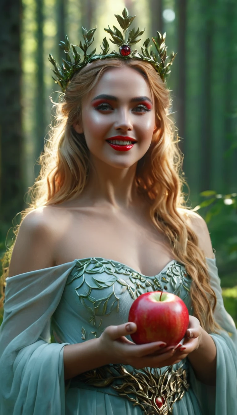 Close-up of an extremely beautiful girl, with a divine face, standing near an apple, in a brightly lit forest. The girl is very beautiful, dressed as a forest god, with bright, holy eyes, smiling, fair skin, high-end makeup, flowing blonde hair, wearing a platinum crown. Cinematic lighting, high detail, 8k, artstation, conceptual art, dark fantasy. Photo taken with Canon EOS R5 85mm f/11 Camera, ((sharp)) mode of people and surrounding scenery. Image quality ((8K)), ((lifelike)), ((masterpiece)), ((sharp and highest contrast)), ((great depth of field)), ((light stereolithography)). ((The sun shines on the girl's body, highlighting the beauty of a goddess)).