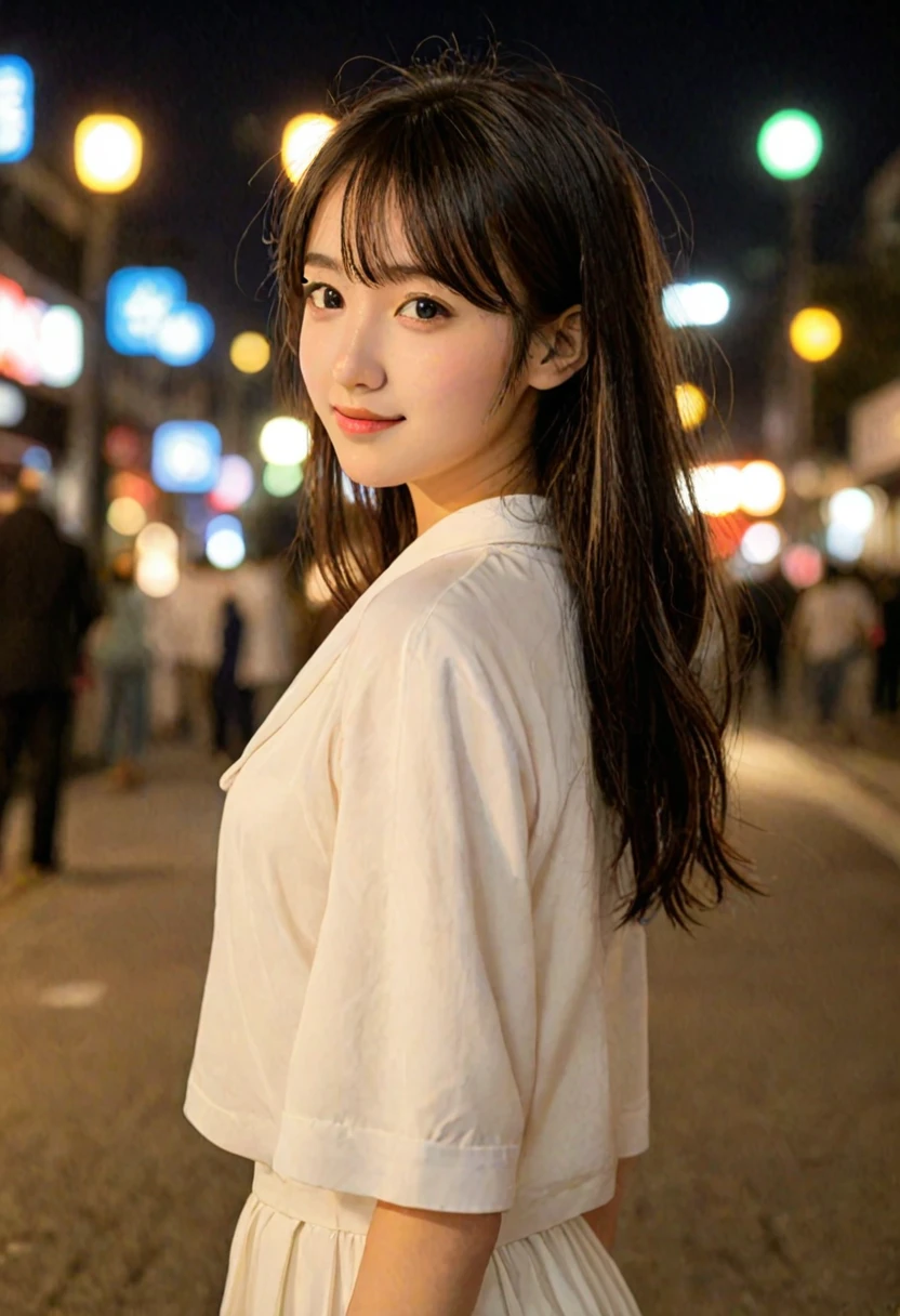 score_9, score_8_up, score_7_up, 1girl, japanese girl, cute, kawaii, beautiful face, perfect face, perfect body, light smile, girl wearing formal suits, detailed eyes, shiny skin, waking, looking at viewer, small breasts, skinny, from behind, depth of field, simple background, tokyo street, outdoors, night, night sky, jpn-girl, extremely detailed, professional lighting