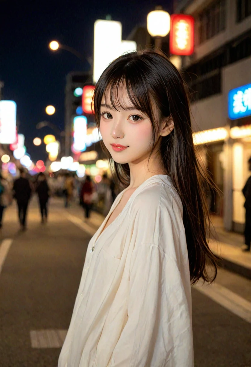 score_9, score_8_up, score_7_up, 1girl, japanese girl, cute, kawaii, beautiful face, perfect face, perfect body, light smile, girl wearing formal suits, detailed eyes, shiny skin, waking, looking at viewer, small breasts, skinny, from behind, depth of field, simple background, tokyo street, outdoors, night, night sky, jpn-girl, extremely detailed, professional lighting