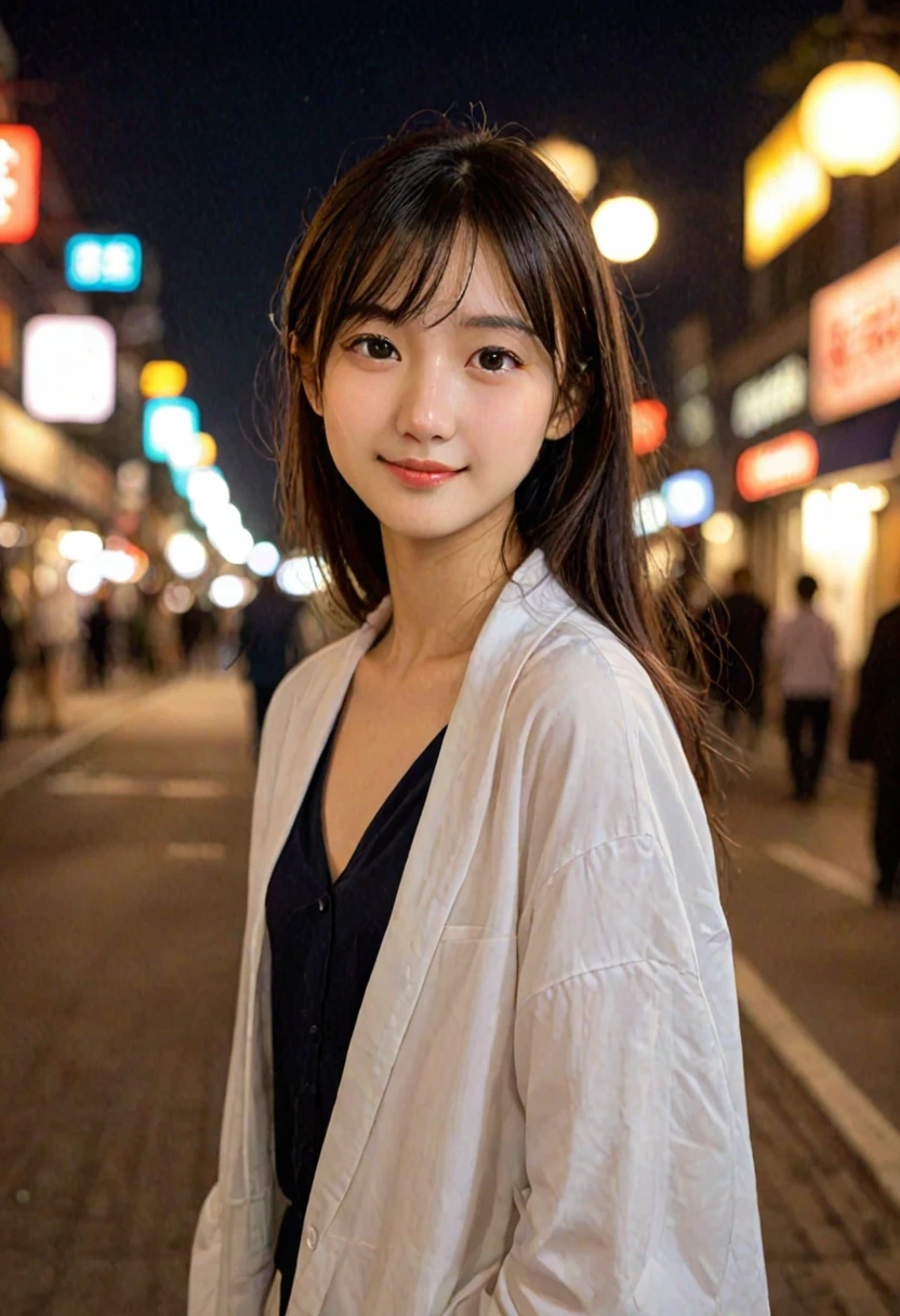 score_9, score_8_up, score_7_up, 1girl, japanese girl, cute, kawaii, beautiful face, perfect face, perfect body, light smile, girl wearing formal suits, detailed eyes, shiny skin, waking, looking at viewer, small breasts, skinny, from behind, depth of field, simple background, tokyo street, outdoors, night, night sky, jpn-girl, extremely detailed, professional lighting