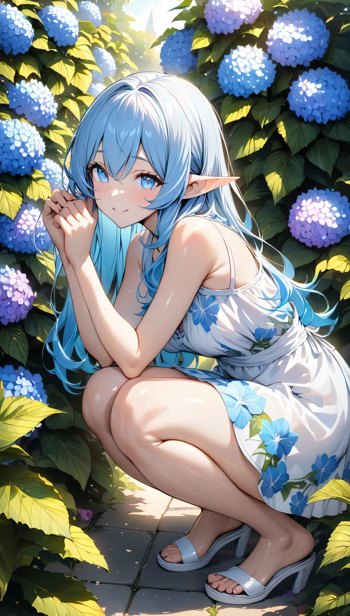 ((masterpiece)), ((best quality)), perfect detailed eyes, perfect detailed face, ultra-detailed nose, bare shoulders, charming, perfect face, detailed hands, Sundress, summer dress, Hibiscus print clothes, Bending down to bring herr face closer to the hydrangea flowers, bending her knees, squatting, smile, elf, long pointy ears, light blue hair, gradient hair, shiny hair, Hair color that changes from light blue to yellow towards the ends, Reaching for hydrangea flowers