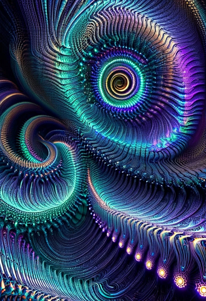 Create an immersive video experience that visualizes the character’s heartbeat through intricate 3D fractal patterns, composed of vibrant psychedelic pixels and interconnected circuits. Use the following elements to enhance the visuals:
1. Animated Transitions: Seamlessly morph between different fractal patterns.
2. Dynamic Lighting Effects: Integrate dynamic lighting that moves with the heartbeat, adding depth and drama.
3. Camera Movements: Include subtle panning, zooming, and rotating to provide a sense of exploration and immersion.
4. Depth of Field: Apply depth of field effects to focus on specific parts of the fractals for a cinematic look.
5. Layered Animations: Layer multiple animations to add complexity, such as smaller fractals or particles within the larger structures.
6. Color Shifts: Gradually shift the color palette over time to maintain vibrant and engaging visuals.
7. Pulse Synchronization: Synchronize the fractal animations with the heartbeat sound or rhythm for a cohesive audio-visual experience.
8. Particle Effects: Add particle effects like sparks, glows, or trails that move along with the fractals.
9. Audio Reactive Elements: Make visual elements react to the audio, such as changing the intensity of the fractals’ glow with the volume or beat.
10. Textures and Materials: Experiment with different textures and materials to give the fractals a more tangible and varied appearance.