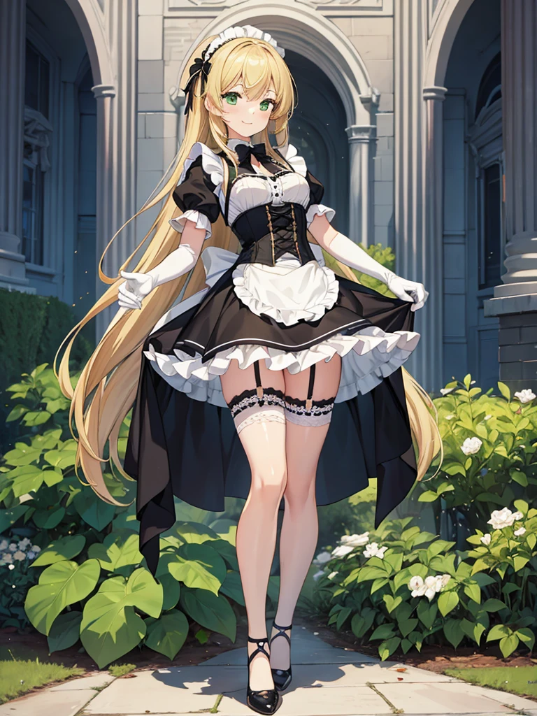 masterpiece, best quality, extremely detailed, anime, 1girl solo girl, longhair, blonde, green eyes, french maid, laced corset with black lacing, white underbust, white apron, frill, mini skirt, black layered skirt, white skirt, black garter belt, black stockings, high-heeled shoes, short sleeves, elbow gloves, white gloves, slender, small breast, slightly slimmer thighs, beautiful detailed face and eyes, fearless, smile, standing figure, full body, no background