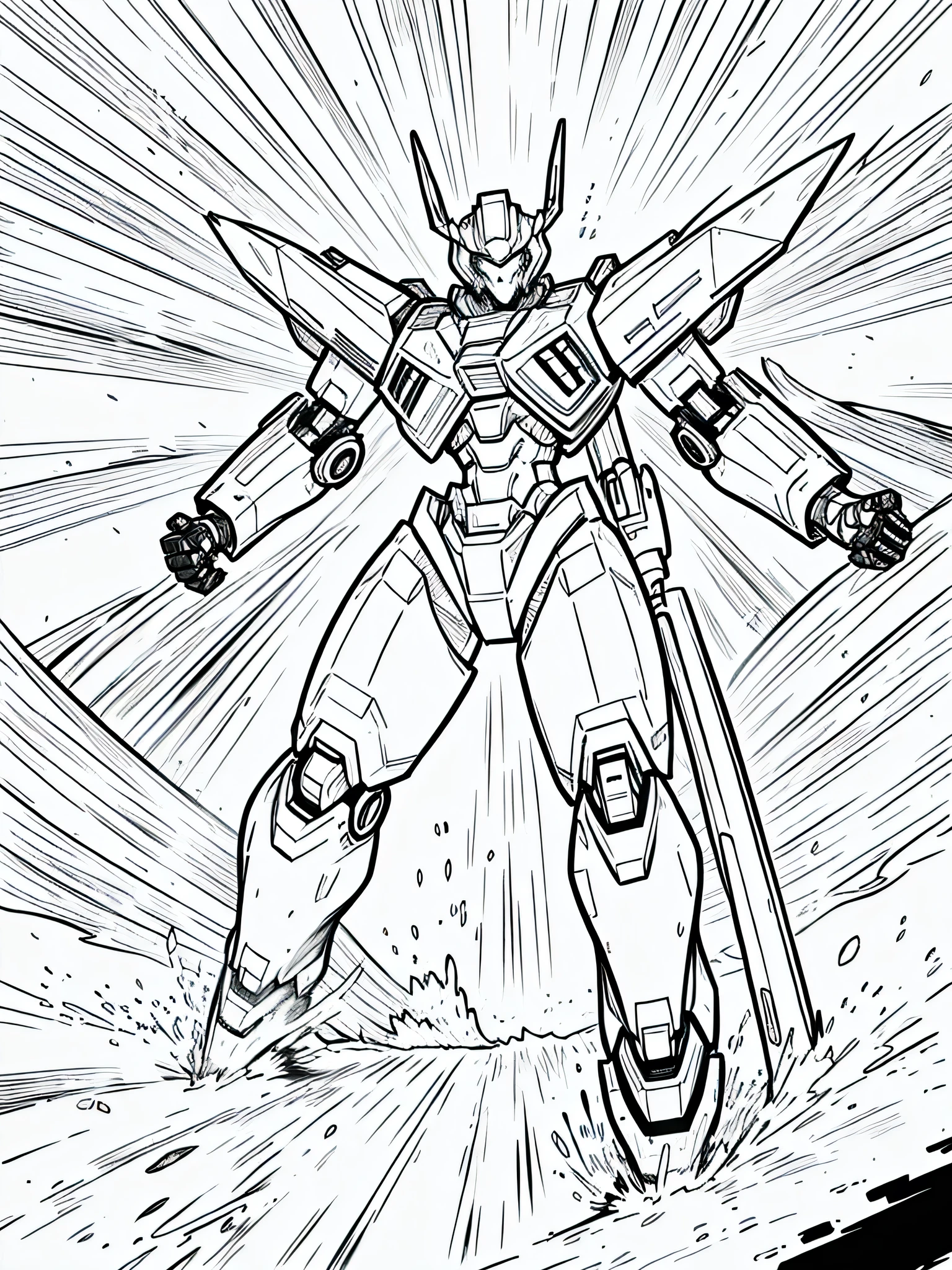 masterpiece, Best Quality, a flying mecha, closeup Line art, monochrome, clean lines, black and white, his summer, coloring book page,