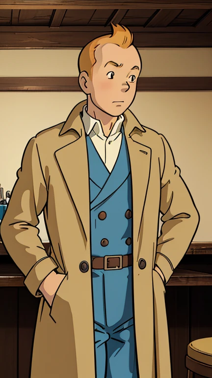 (1man, Tintin,1boy), (extremely detailed CG unit 8k wallpaper),(master part), (best quality), (ultra detail), (best illustration),(ghibli style), cowboy shot, (Sharp eyeliner, ombre, detailed eyes:1), bar indoors background, ,break , (trenchcoat), upper body