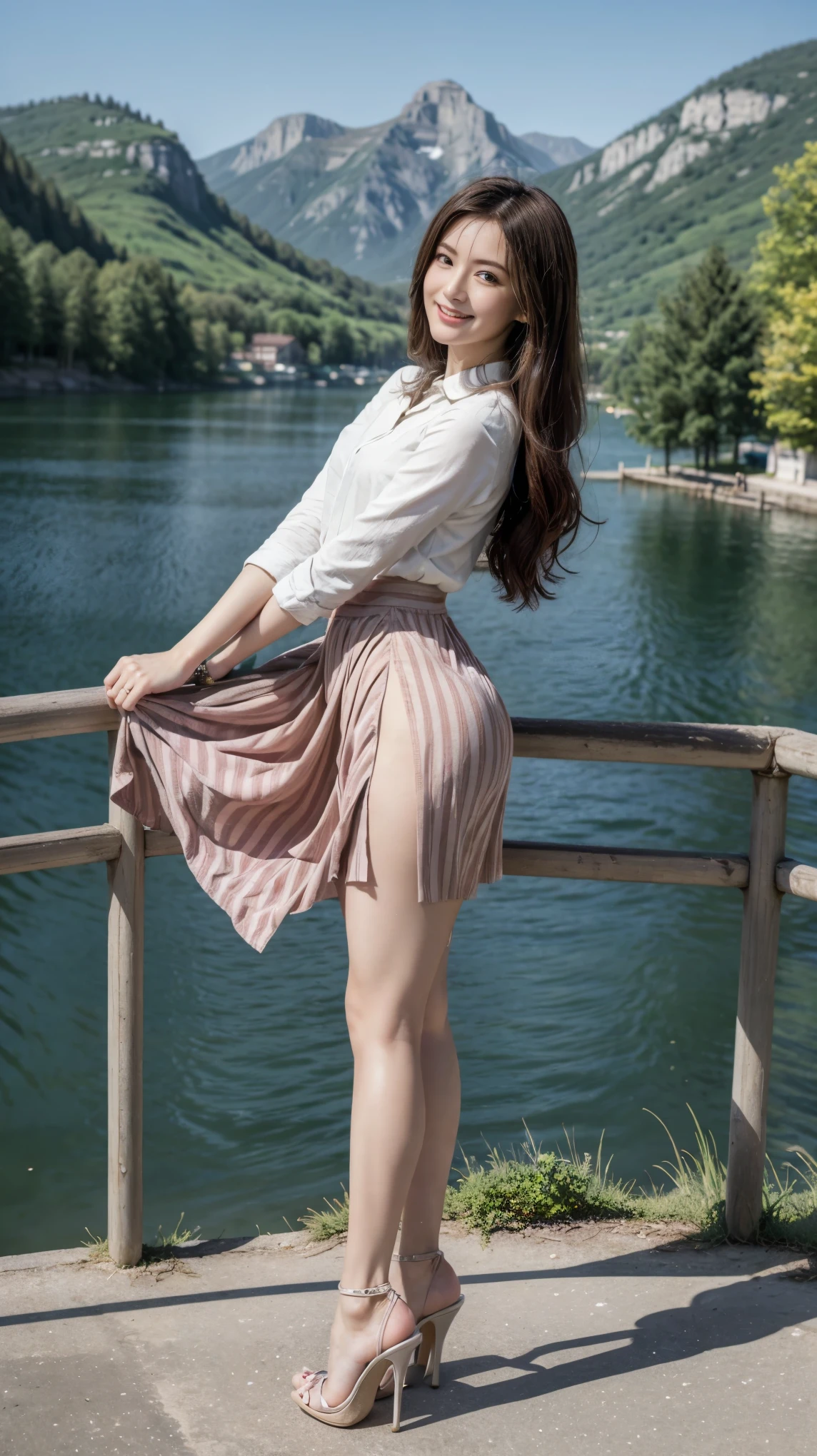 ((masterpiece)),(((Highest quality))),A low-angle shot that highlights her beautiful thighs and crotch:1.5,Long legs,The best smile:1.5,Slim figure:1.5,whole body:1.5,(One Girl:1.3),(Viewer Display:1.4),(Pointy high heels:1.3),(Standing with legs wide apart by the lake:1.2),(Wearing a striped long skirt dress:1.2),Long Curly Hair:1.5,