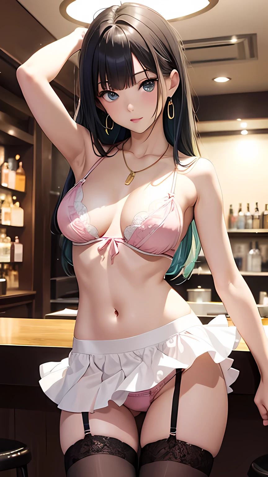 masterpiece,Ultra-high resolution、Highest quality、Sexy pose、Dimly lit bar background at night、Lime green hair、Tie your hair back:1.2, blue eyes, Sexy look、Tilt your head、Large gold earrings and necklace:1.5,、Model walking、Small breasts、The body is very slim、skinny、Plain white panties、Tight waist、Thin thighs、Spread your legs,Cowboy Shot、White and hot-pink lace-trimmed ruffled skirt bikini、Lace-trimmed ultra-mini skirt、Black knee socks:1.8、Underwear Focus
